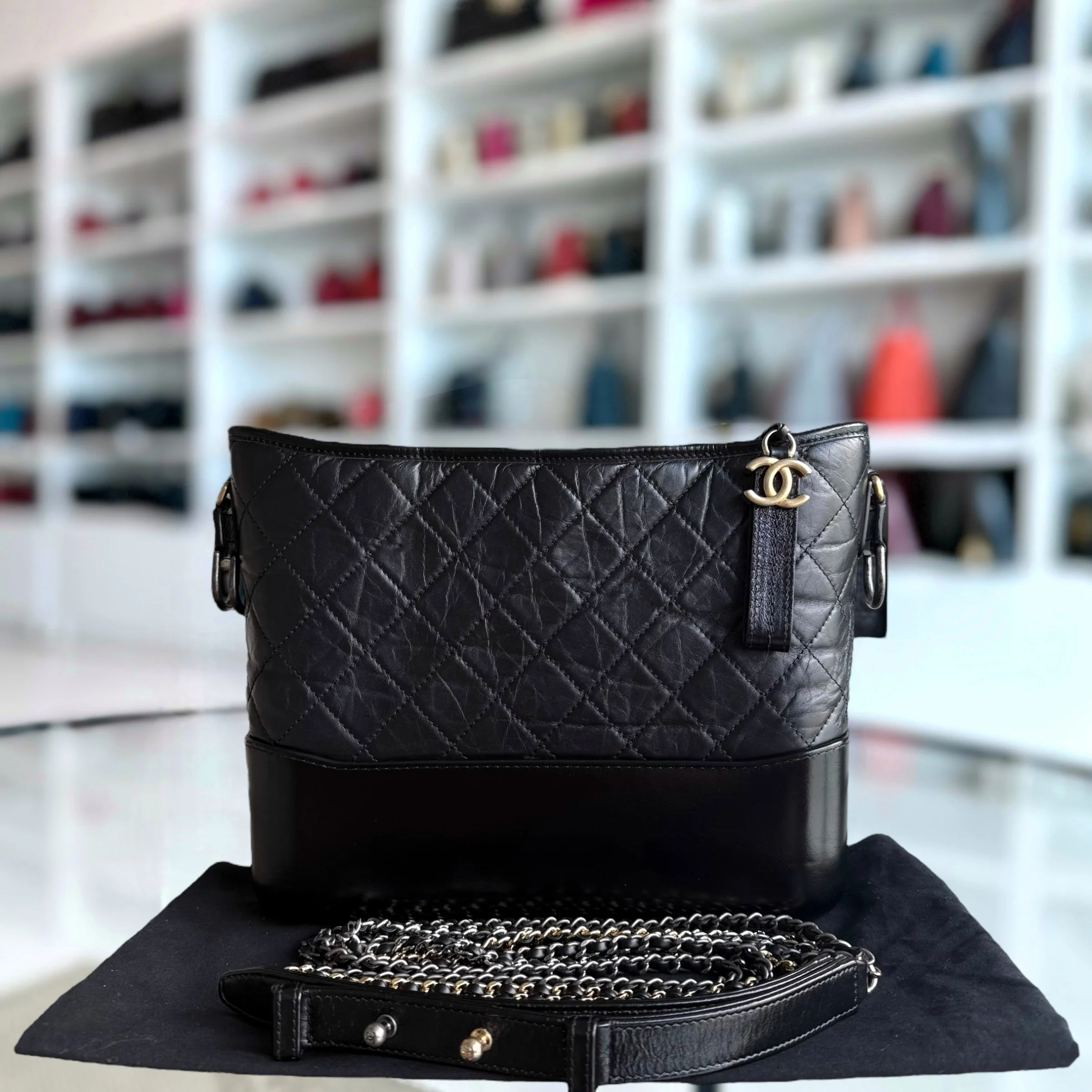Chanel Gabrielle Medium - Quilted Calfskin Black Two-tone Gold Hardware Series 25