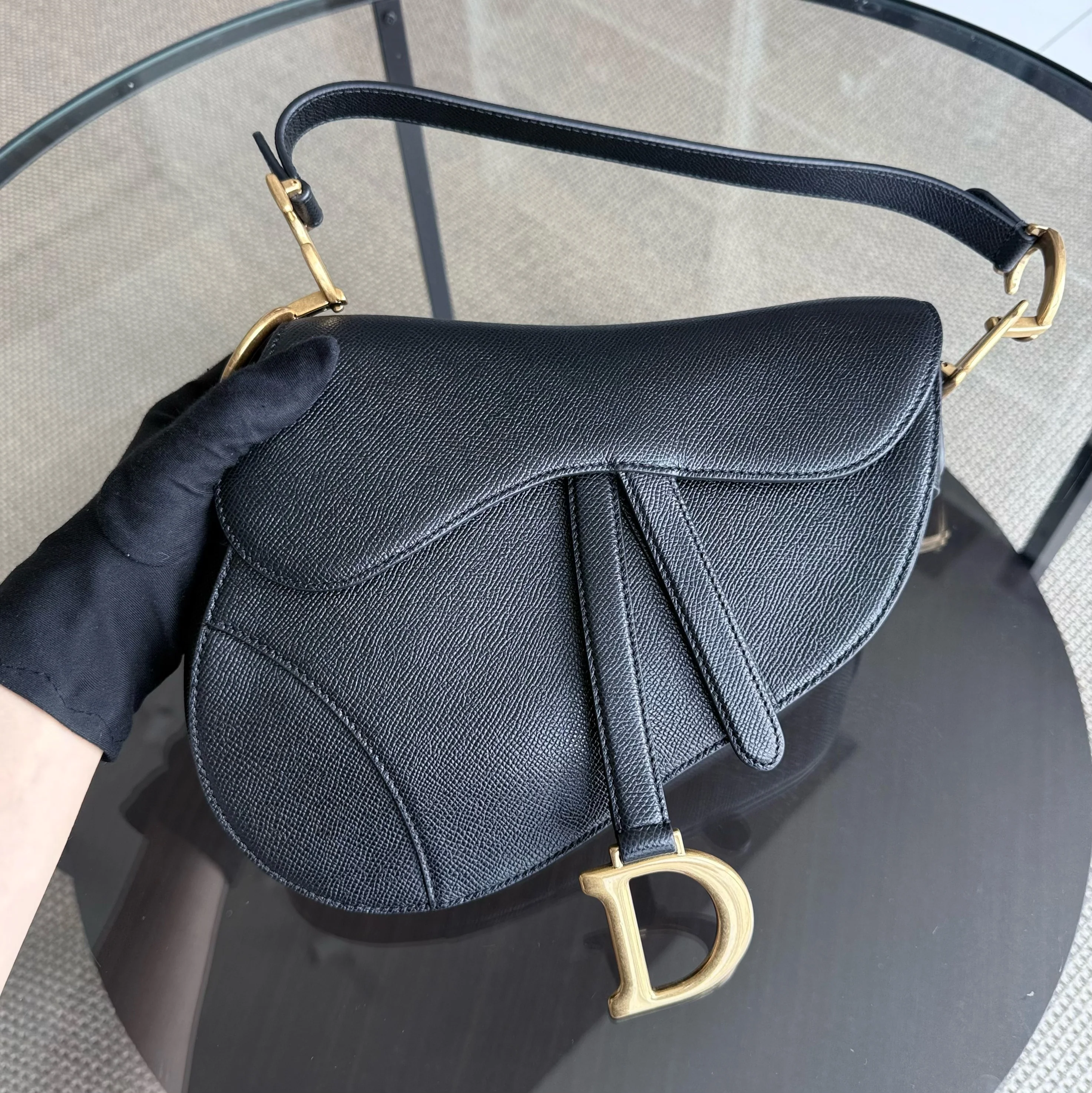 Dior Saddle Medium With Strap - Grained Calfskin Black Gold Hardware