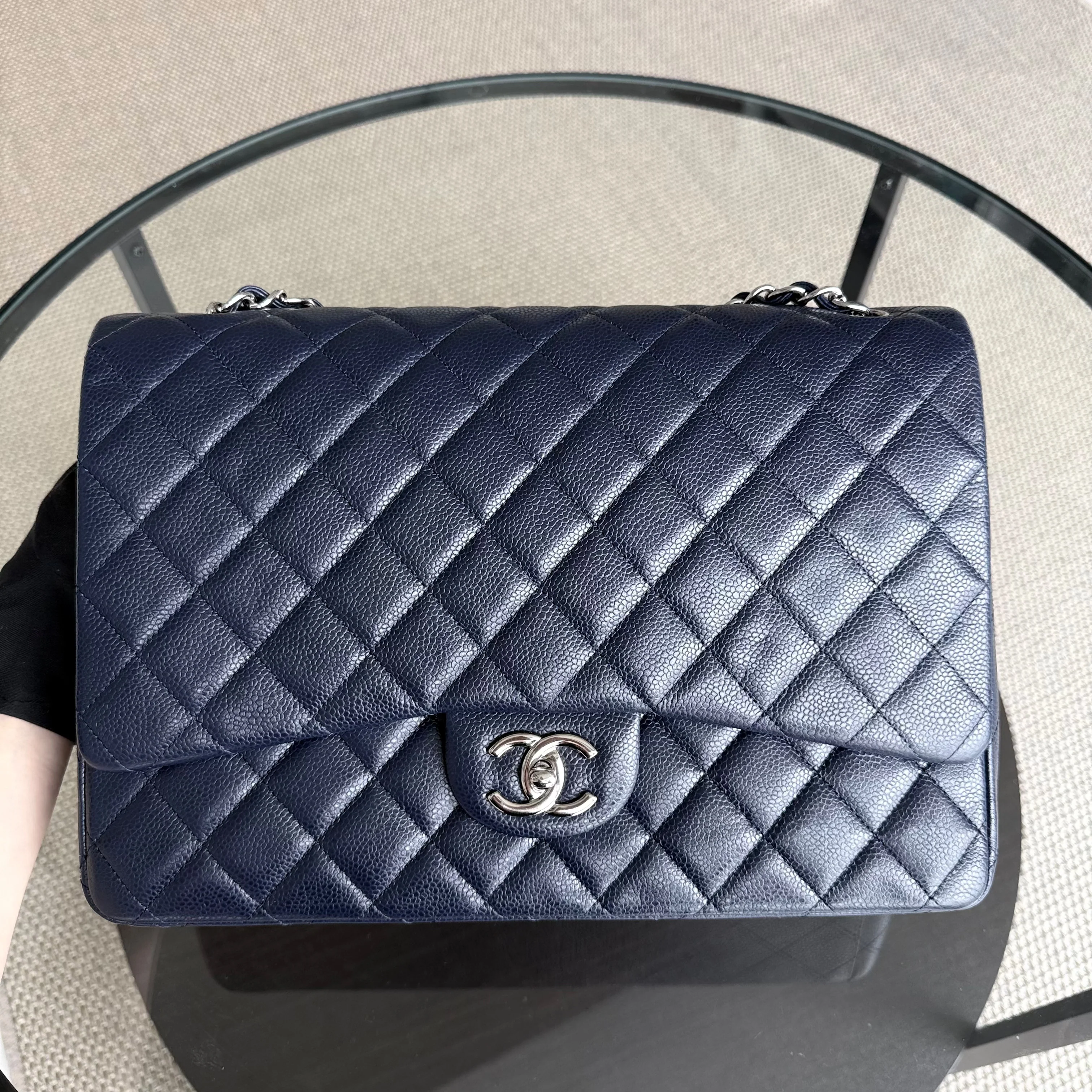 Chanel Classic Flap Maxi - Caviar Double Flap 33CM Quilted Grained Calfskin Dark Blue Silver Hardware Series 18