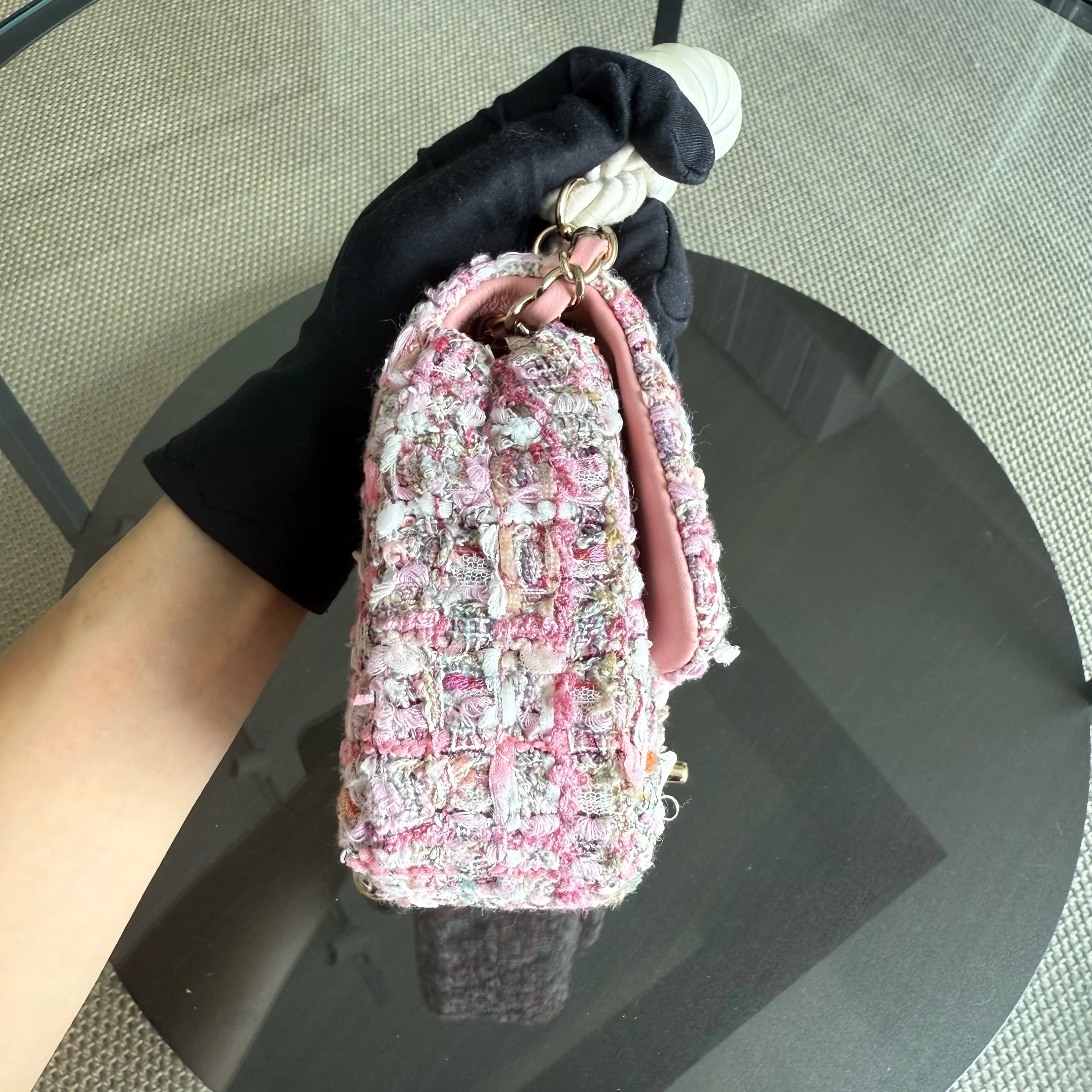 Chanel Classic Flap Mini Square Pearl Tweed - 20CM Pink Gold Hardware Series 27