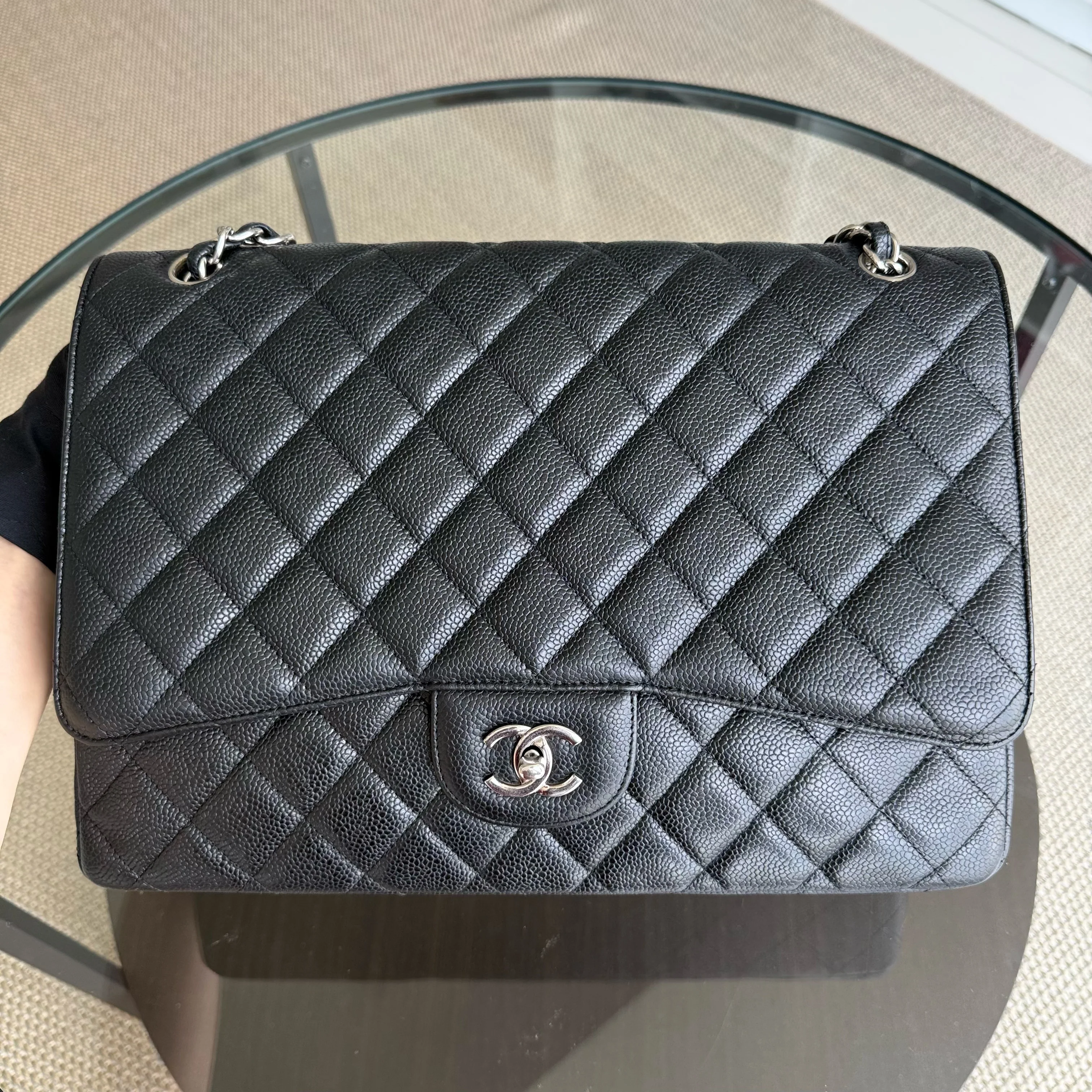 Chanel Classic Flap Maxi - Caviar 33CM Single Flap Quilted Black Silver Harware Series 13