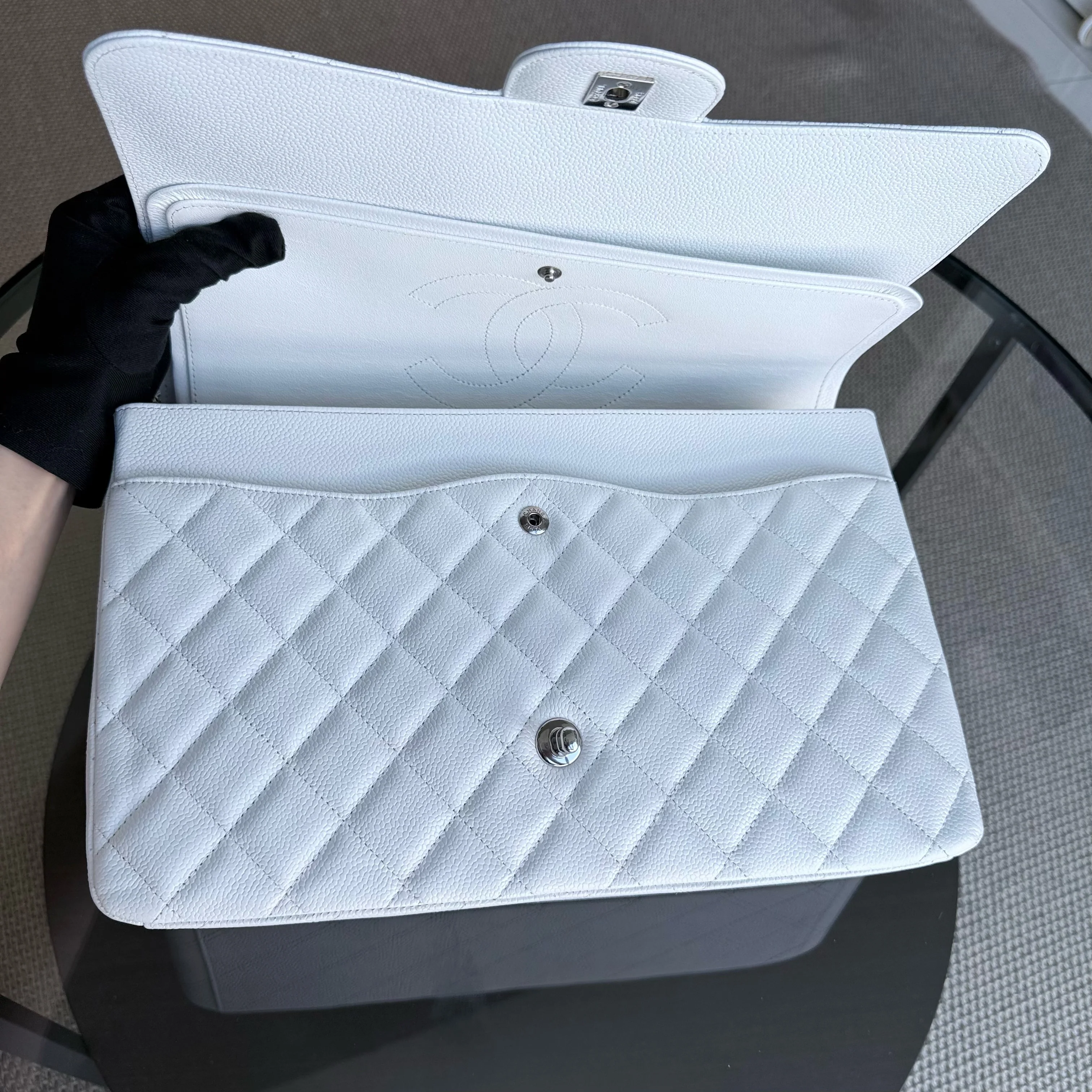 Chanel Classic Flap Maxi - Caviar Double Flap 33CM Quilted White Silver Hardware Series 14