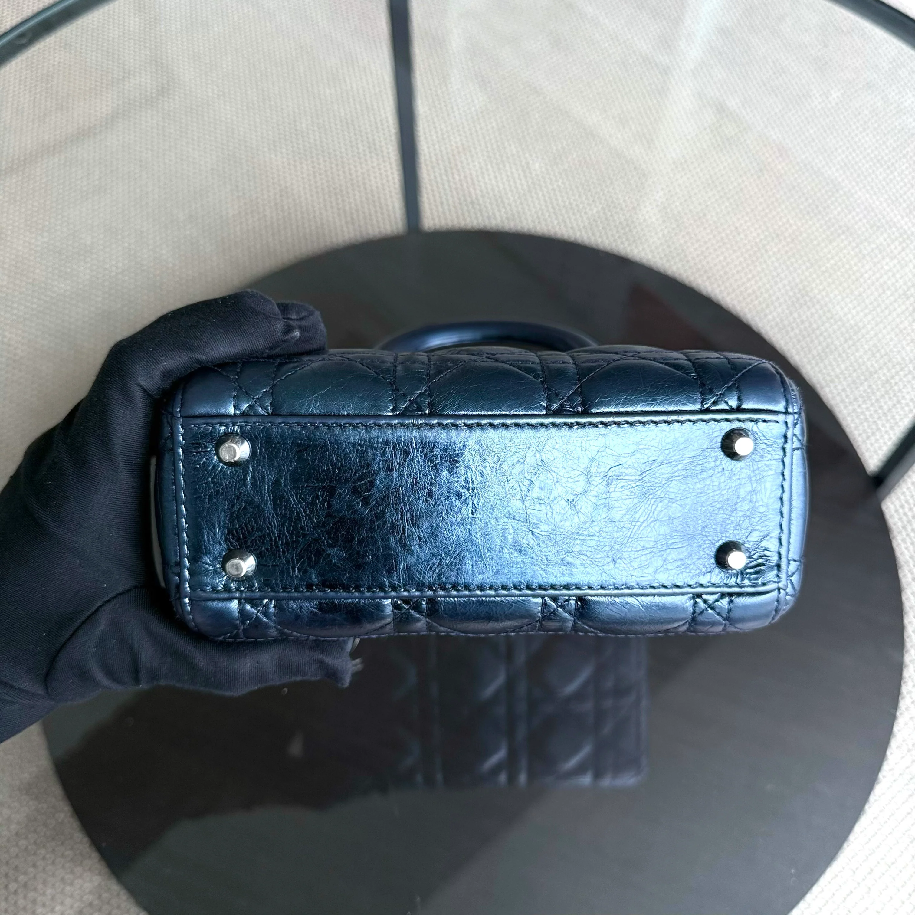 Dior Lady Mini - Cannage Glazed Calfskin Metallic Blue Silver Hardware