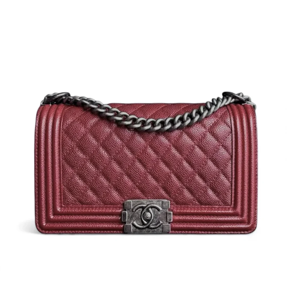 Chanel Boy Medium - Caviar 25CM Quilted Burgundy Dark Red Ruthenium Silver Hardware Series 19