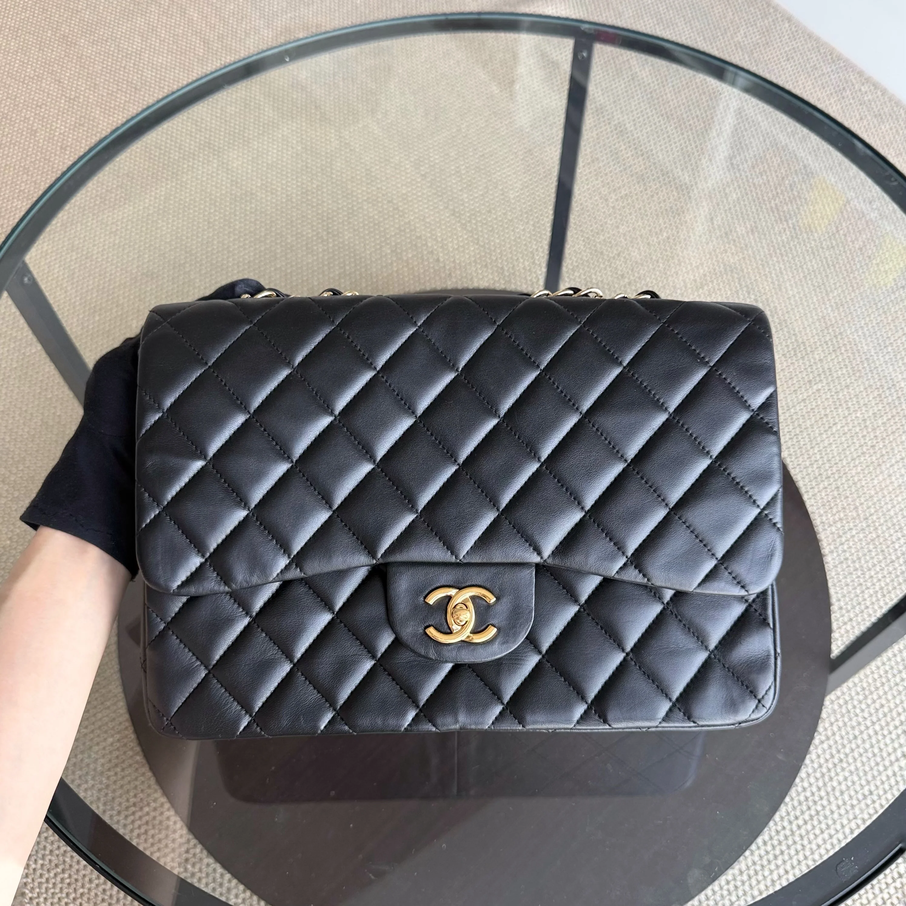 Chanel Classic Flap Jumbo - 30CM Single Flap Quilted Lambskin Black Gold Hardware Series 13