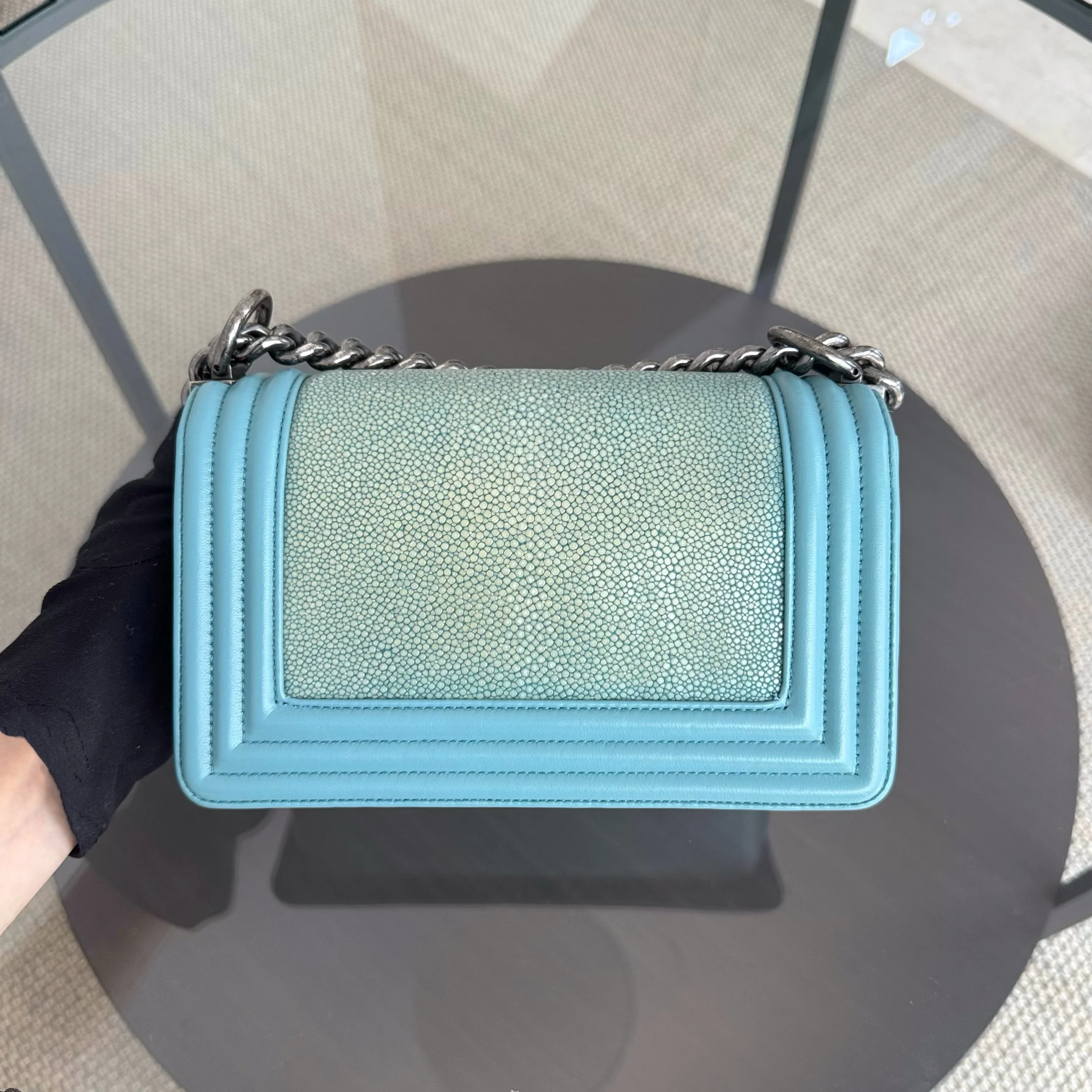 Chanel Boy Small - 20CM Stingray Tiffany Blue Silver Hardware Series 22