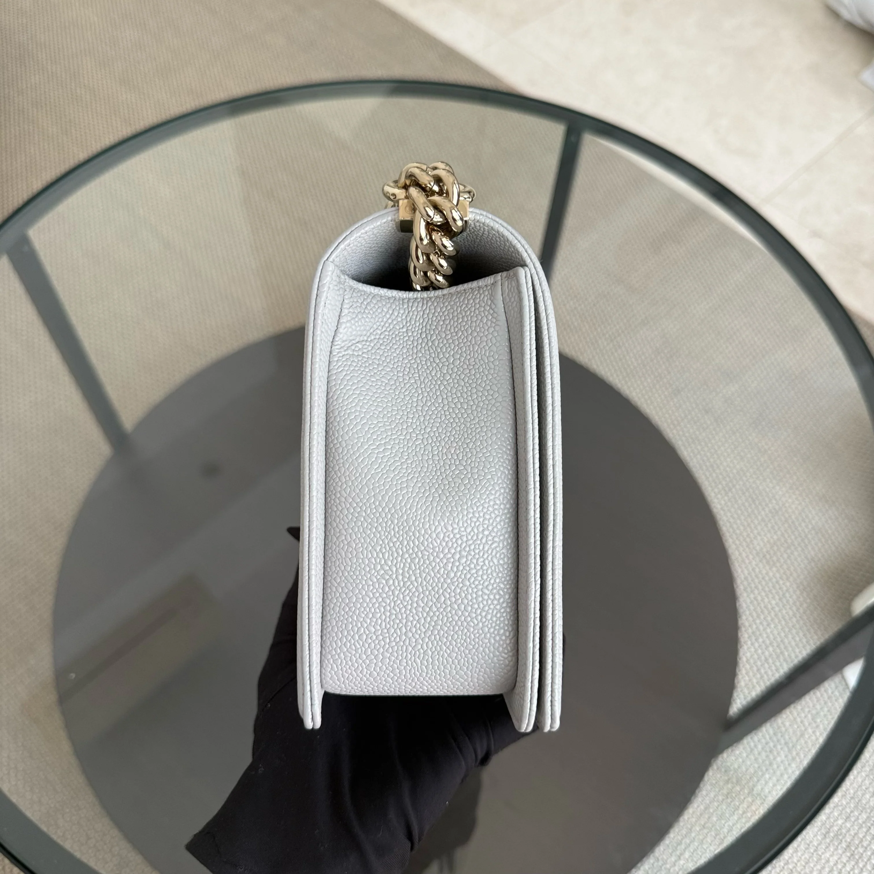 Chanel Boy New Medium - 28CM Quilted Caviar Grey Gray Gold Hardware Series 28