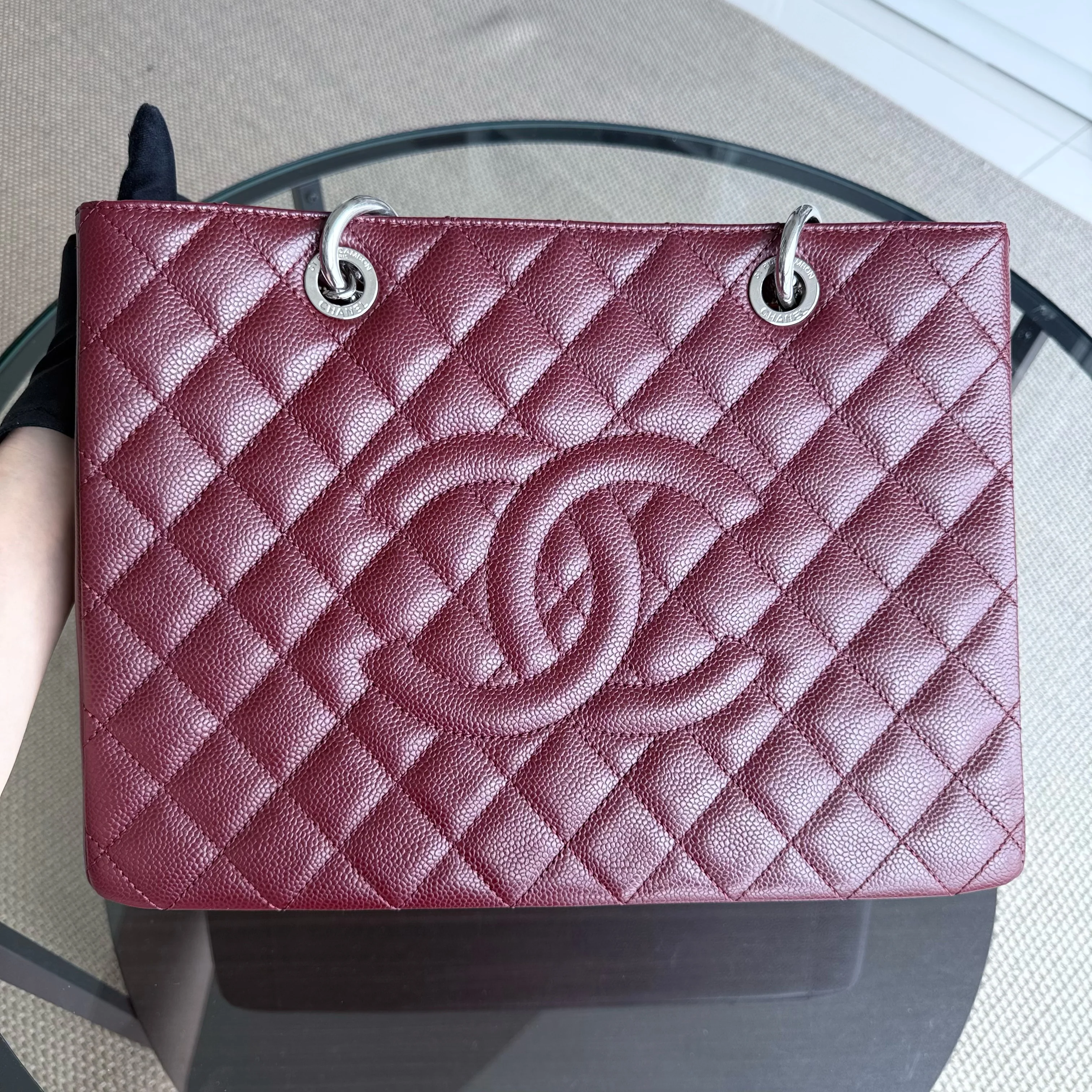 Chanel GST Grand Shopping Tote - Burgundy Caviar Quilted Silver Hardware Series 18