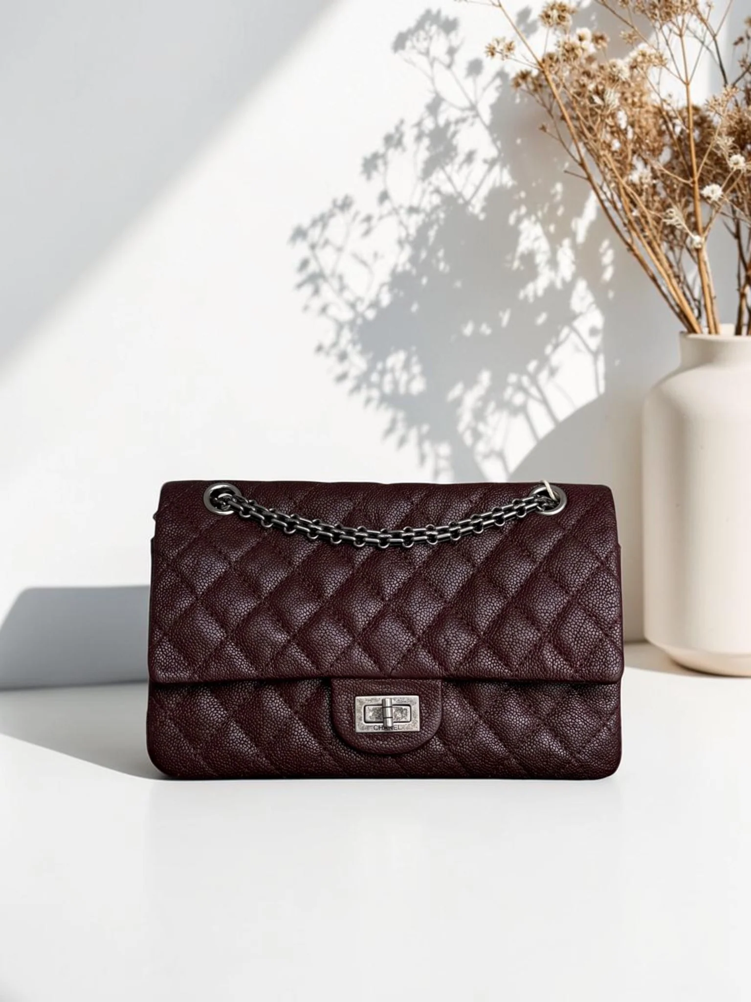 Chanel 2.55 Reissue 225 - 24CM Quilted Caviar Burgundy Brown Ruthenium Silver Hardware Series 16