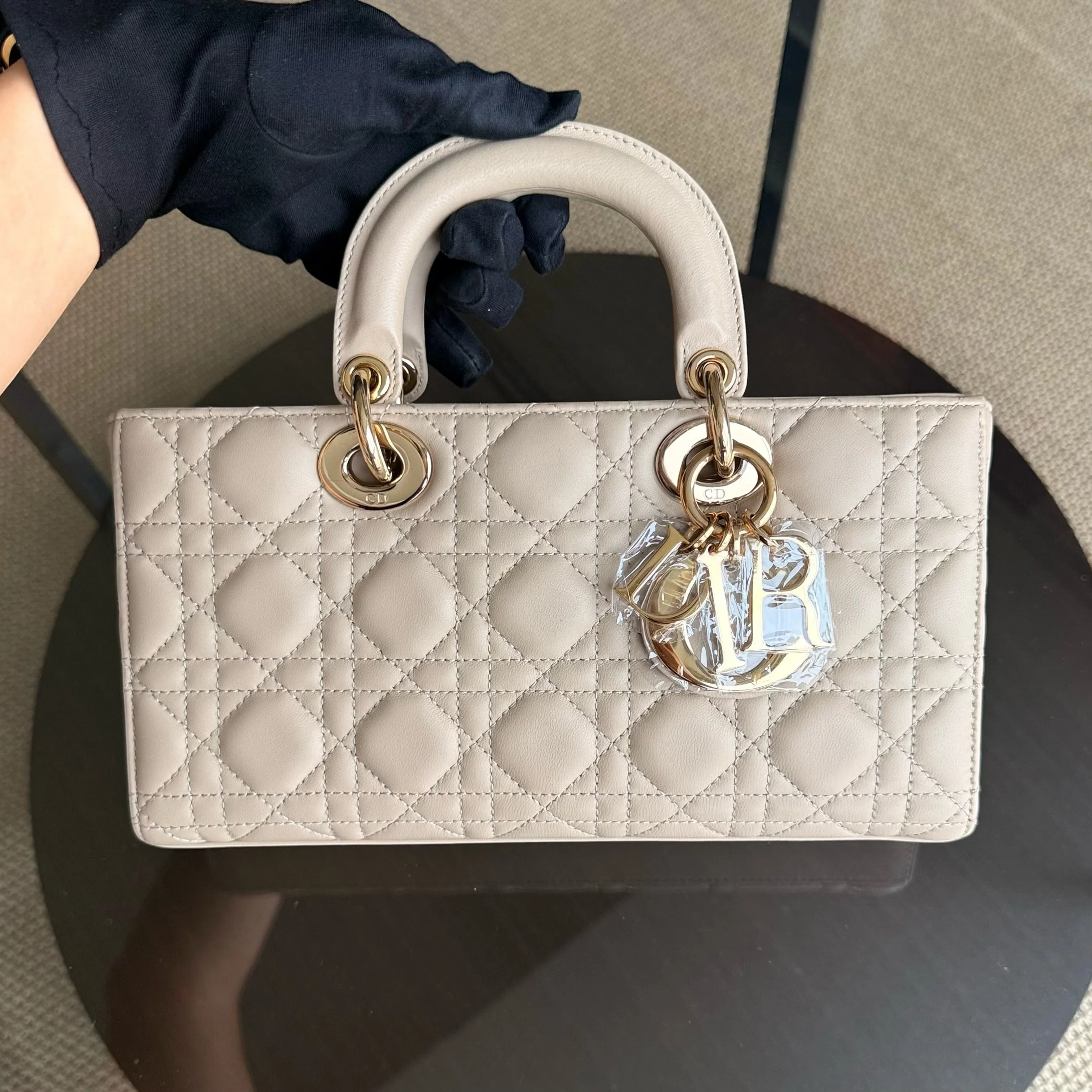 Dior D-Joy Medium Cannage Lambskin Beige Golden Hardware Shoulder Bag