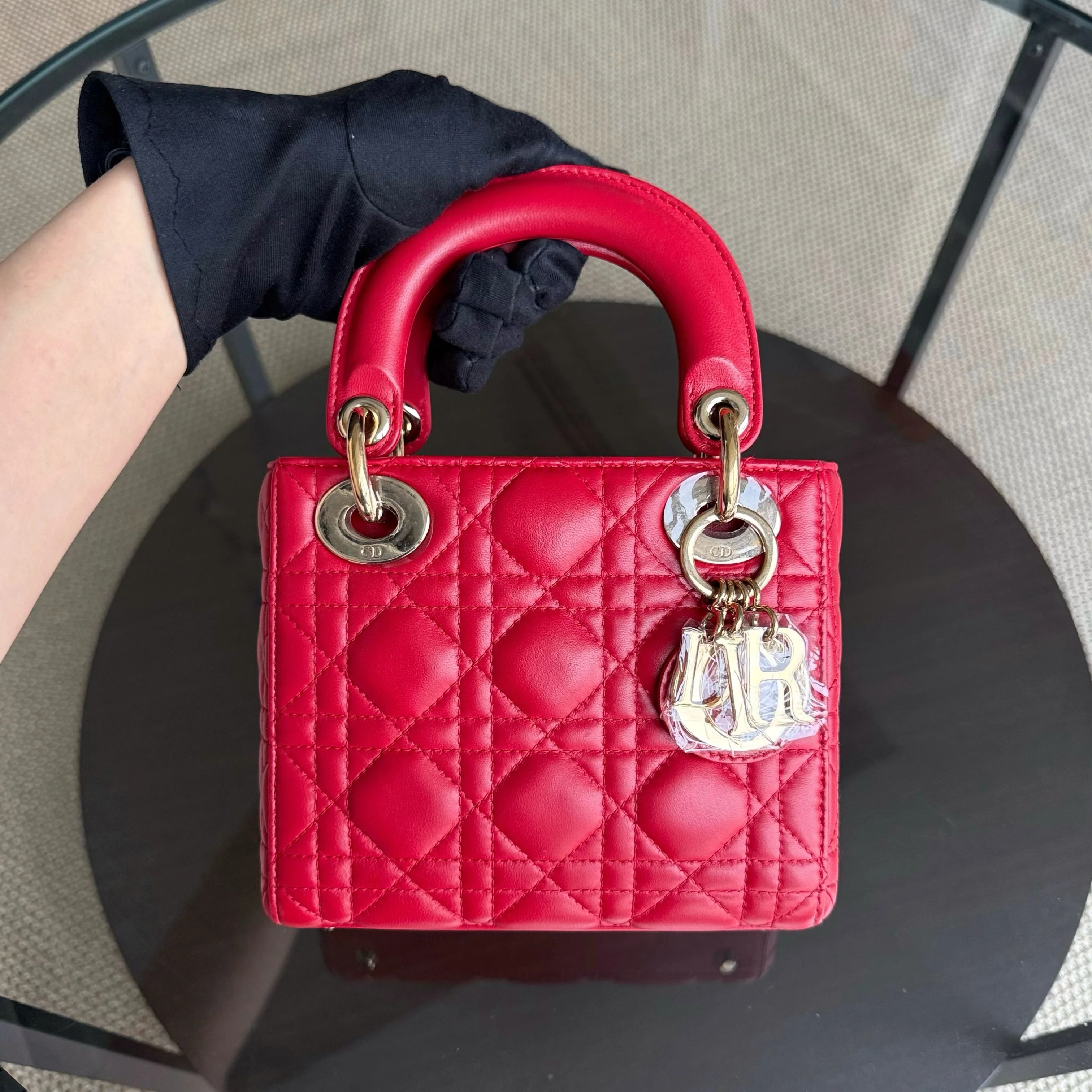 Dior Lady Mini - Cannage Lambskin Red Gold Hardware Adjustable Strap