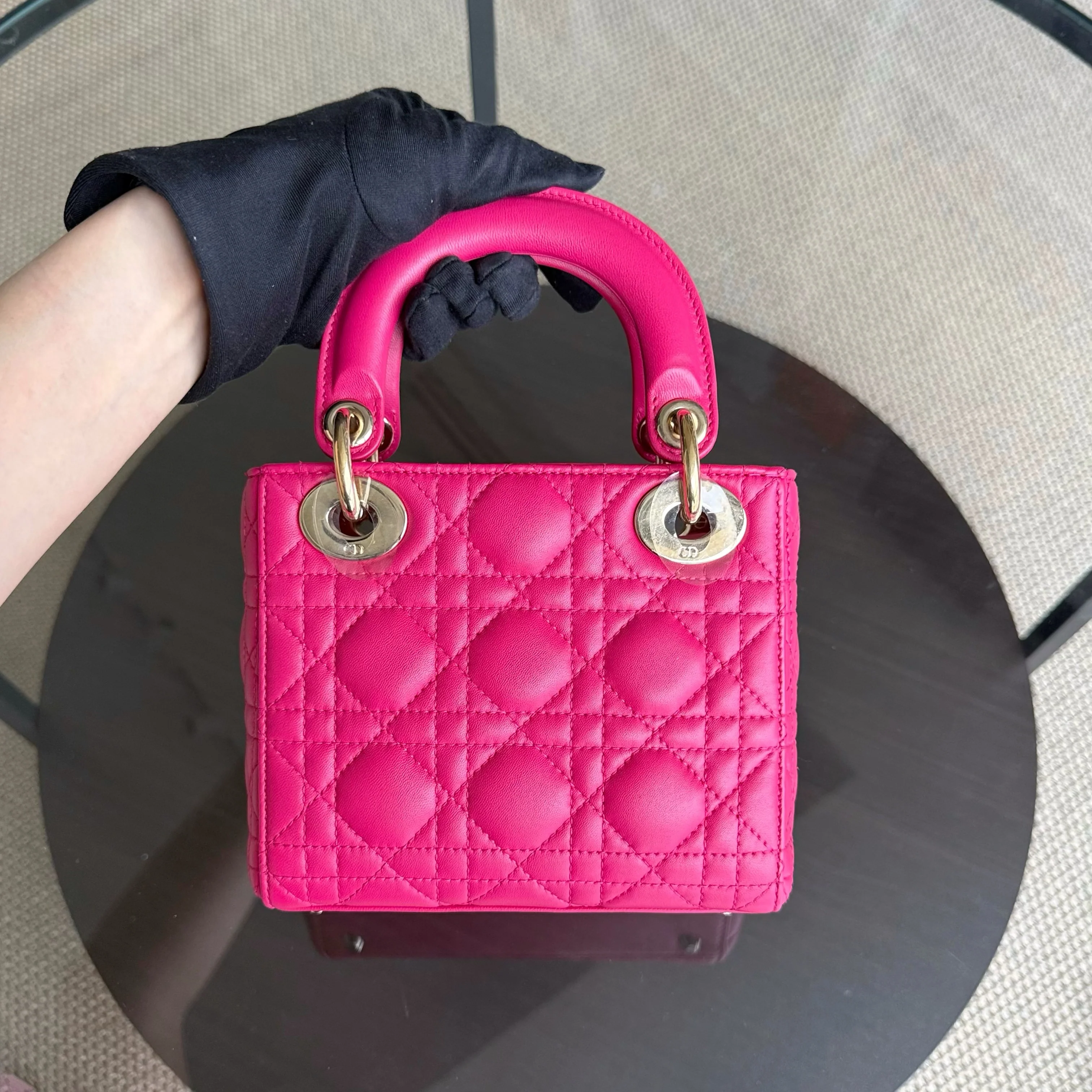Dior Lady Mini - Cannage Lambskin Hot Pink Gold Hardware Adjustable Strap