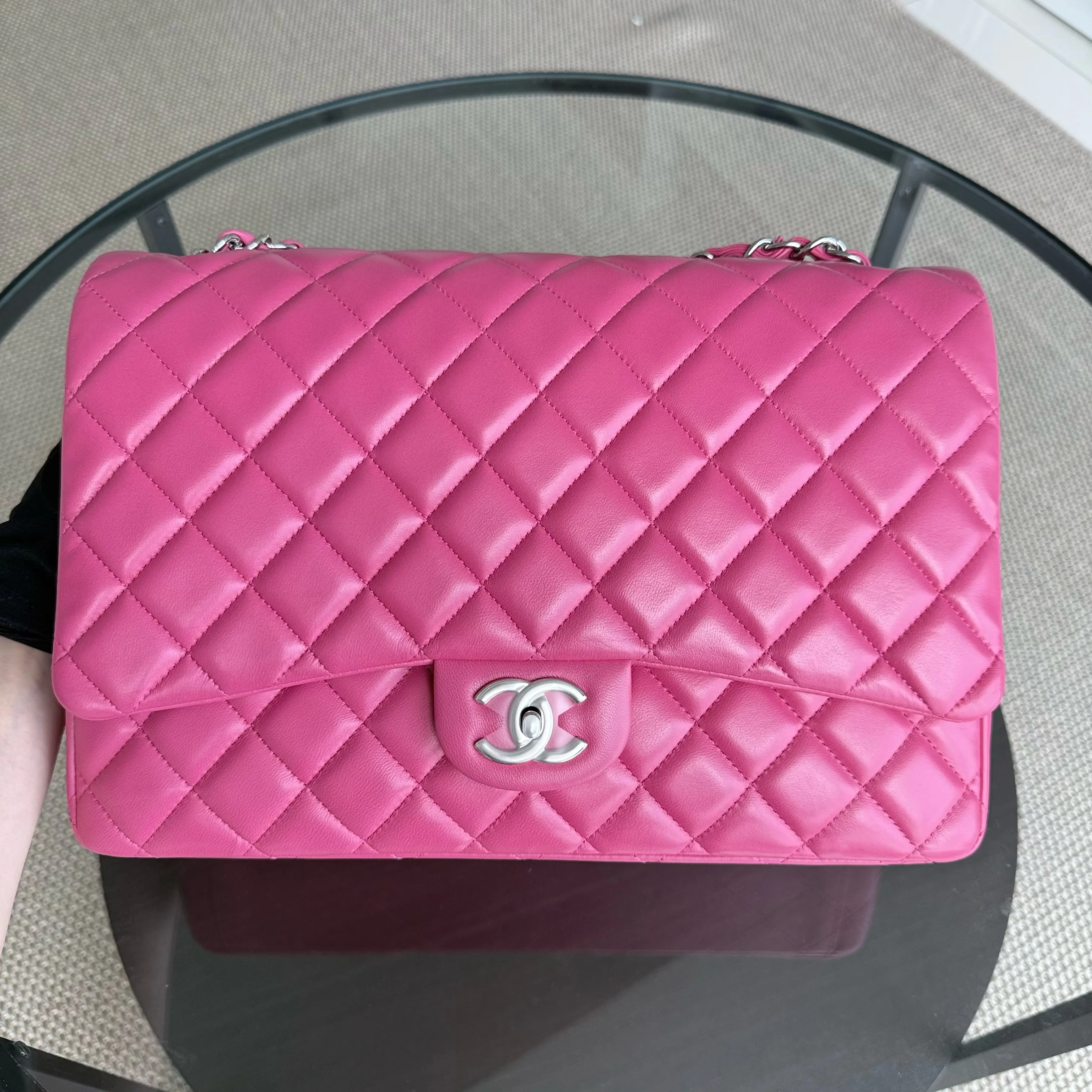 Chanel Classic Flap Maxi - Double Flap 33CM Quilted Lambskin Hot Pink Silver Hardware Series 19