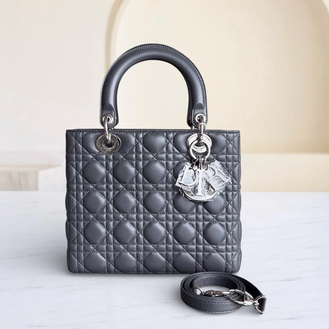 Dior Lady Medium - Cannage Lambskin Dark Gray Silver Hardware
