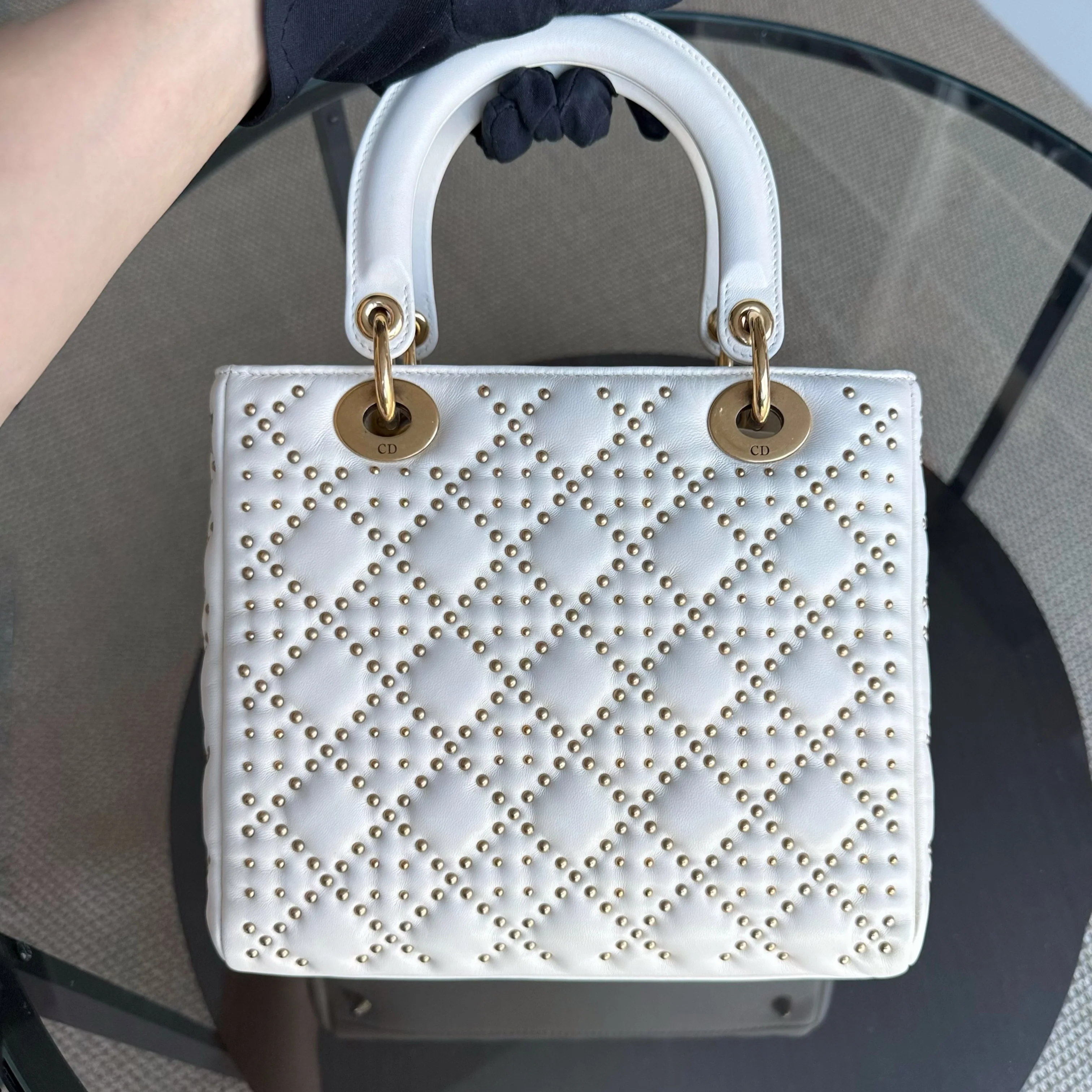 Dior Lady Medium - Cannage Calfskin Studded White Gold Hardware Zip Version