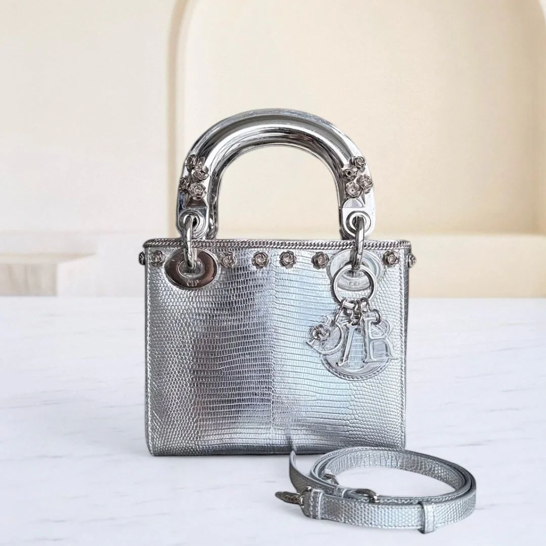 Dior Lady Mini - Exotic Lizard Metallic Limited Edition Silver Hardware