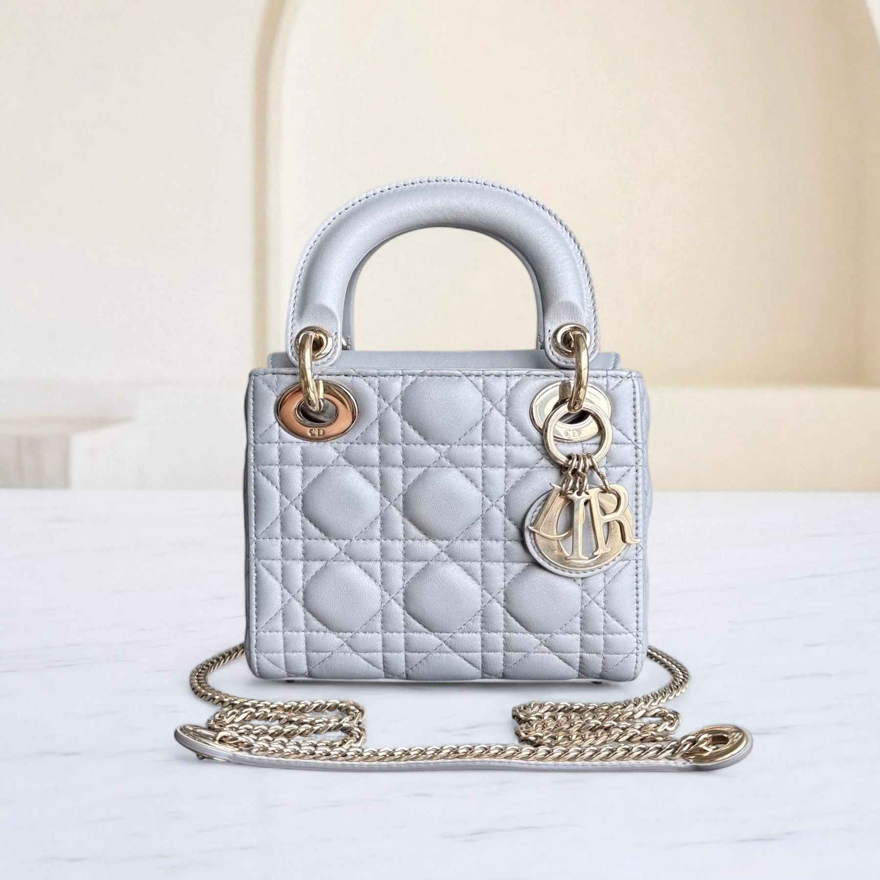 Dior Lady Mini - Cannage Lambskin Grey Gray Gold Hardware Chain Strap