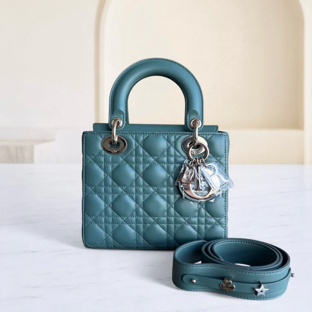 Dior Lady Small Flap - Cannage Lambskin Green Gold Hardware with Charms