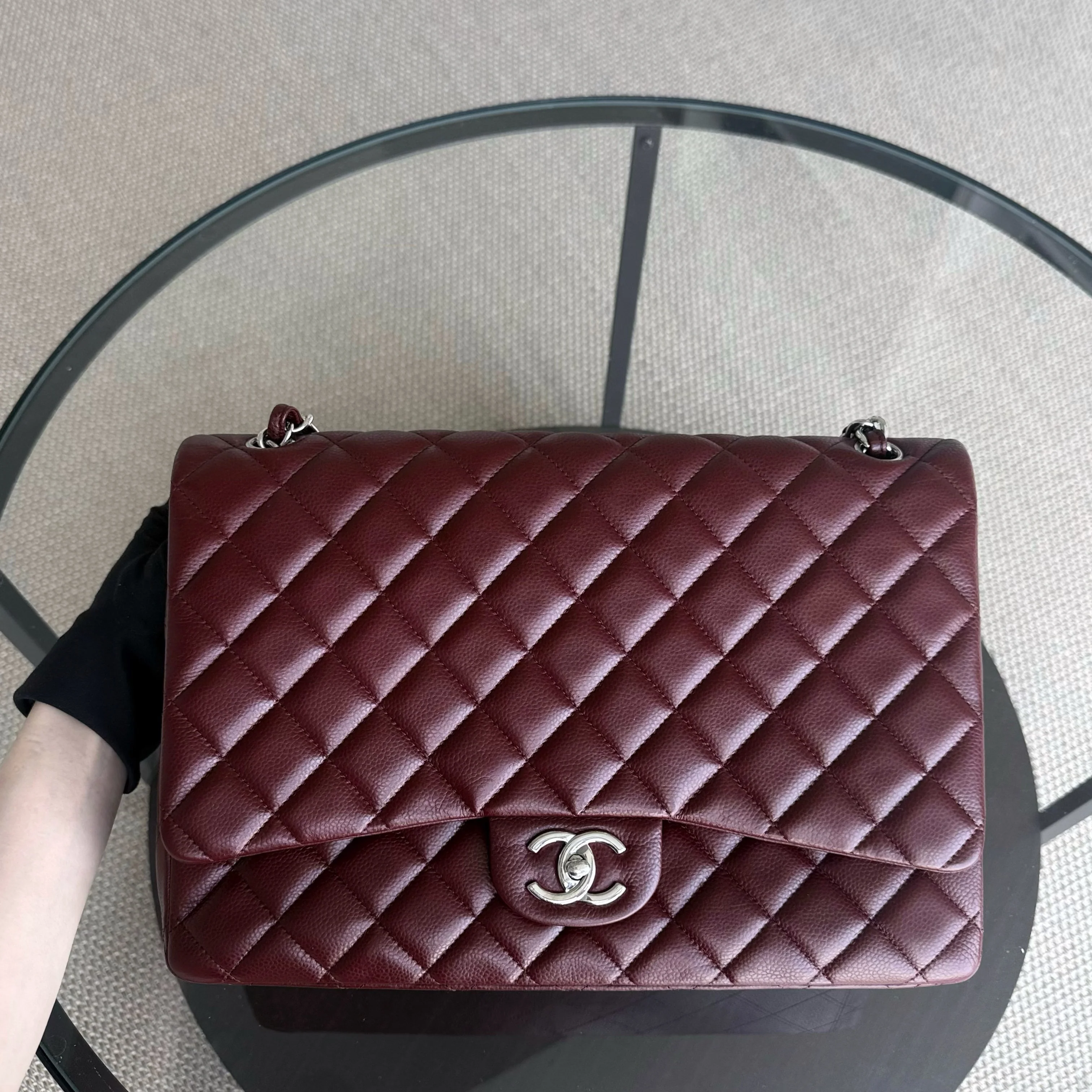 Chanel Classic Flap Maxi - Caviar Double Flap 33CM Quilted Grained Calfskin Burgundy Dark Red Silver Hardware Series 15