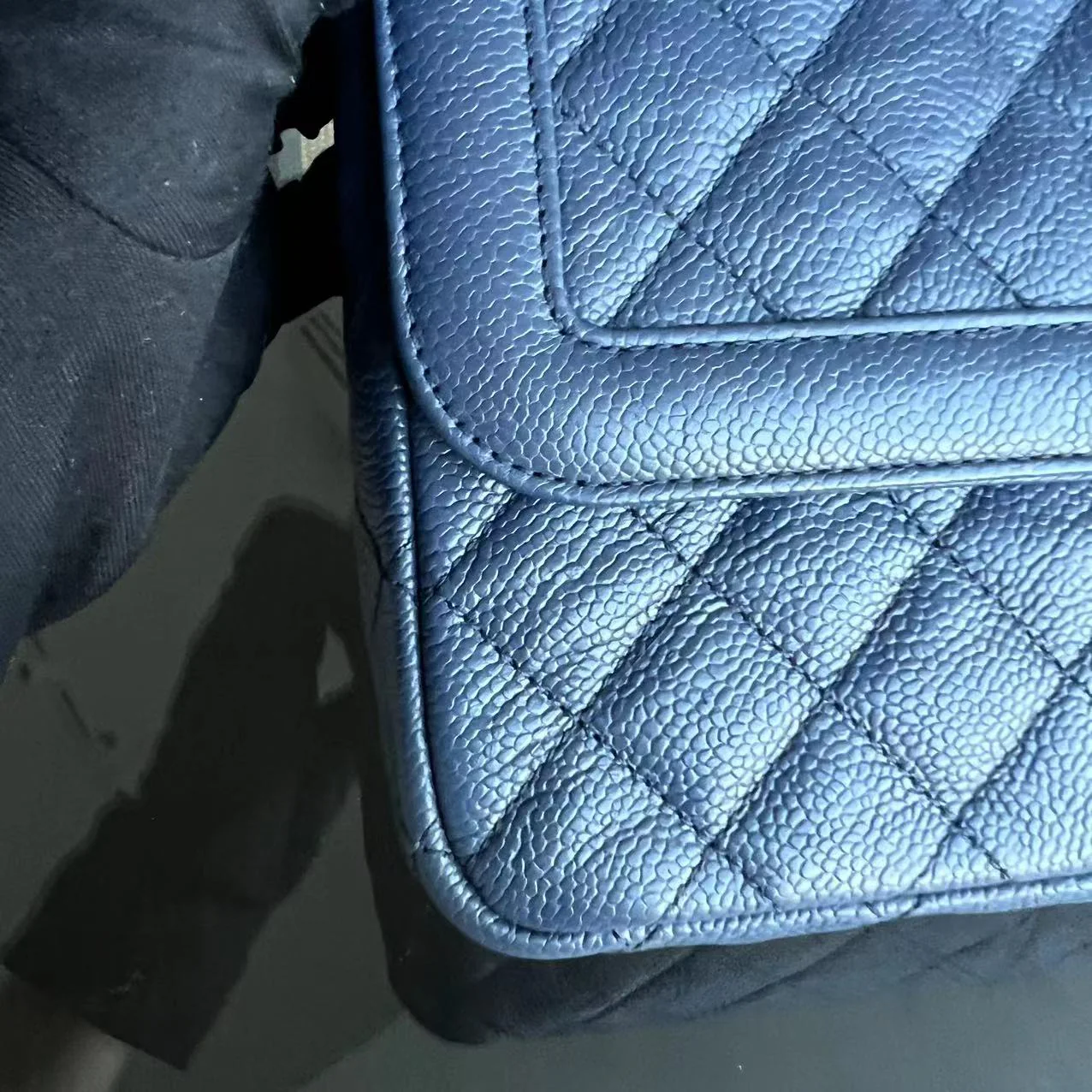 Crumpled Two Tone Flap Grained Calfskin Navy Blue Golden Hardware Series 21