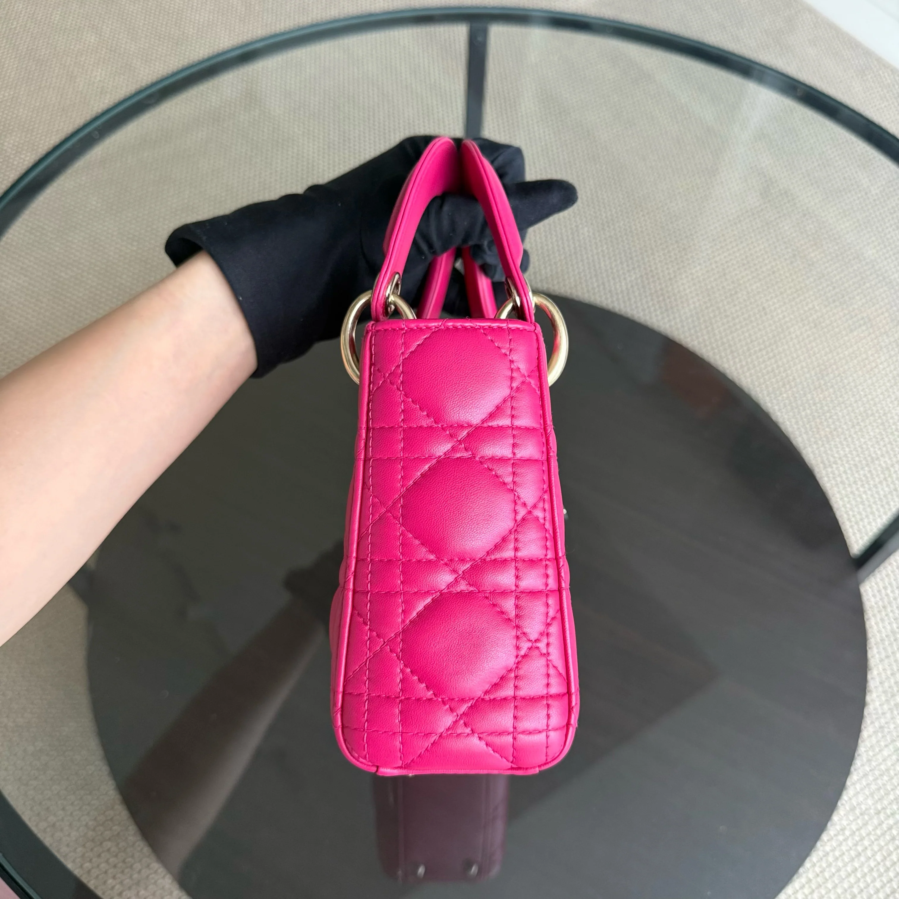 Dior Lady Mini - Cannage Lambskin Hot Pink Gold Hardware Adjustable Strap