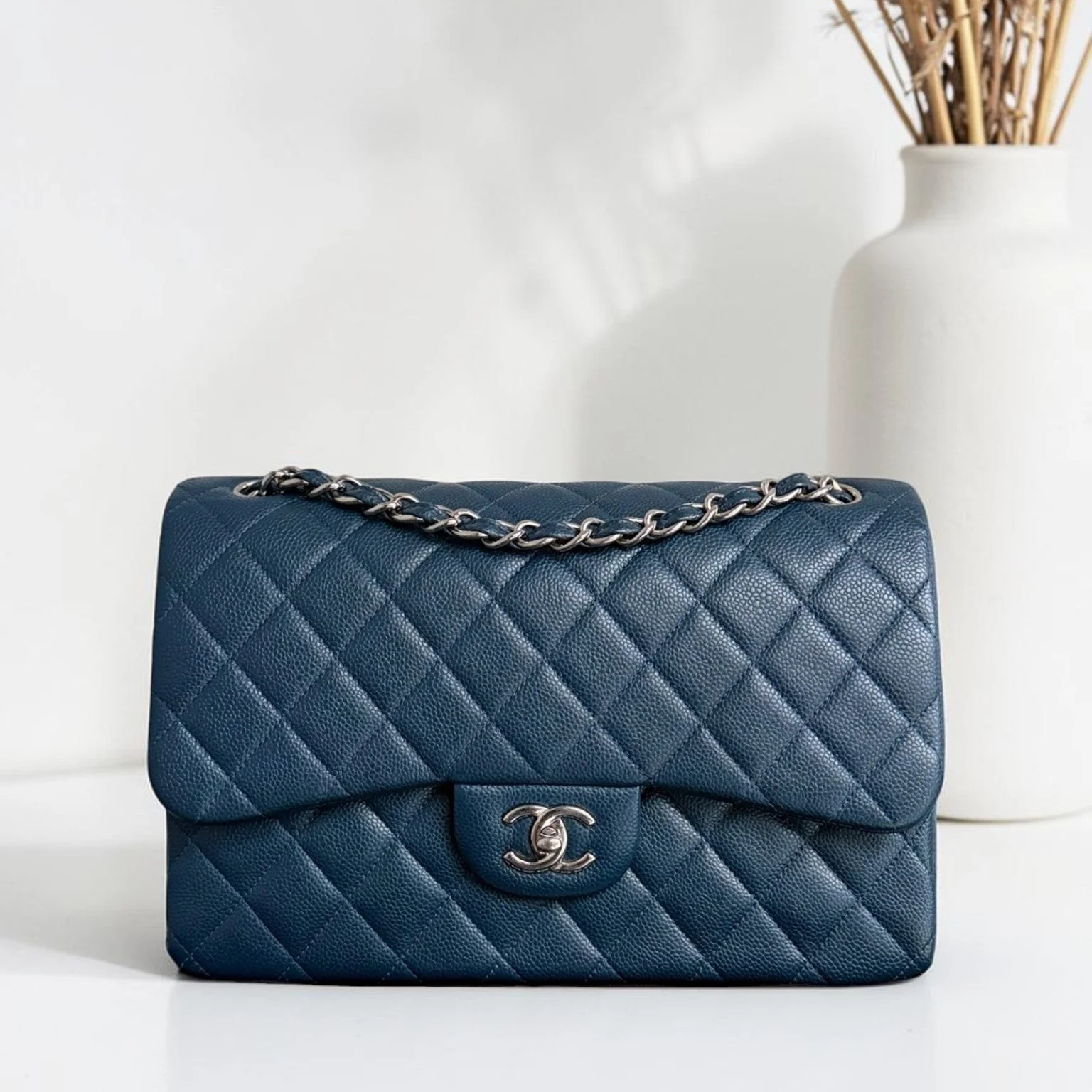 Chanel Classic Flap Jumbo - Caviar 30CM Double Flap Quilted Blue Silver Hardware& Chanel 2.55 Reissue Chevron Gray Grey Gold Hardware