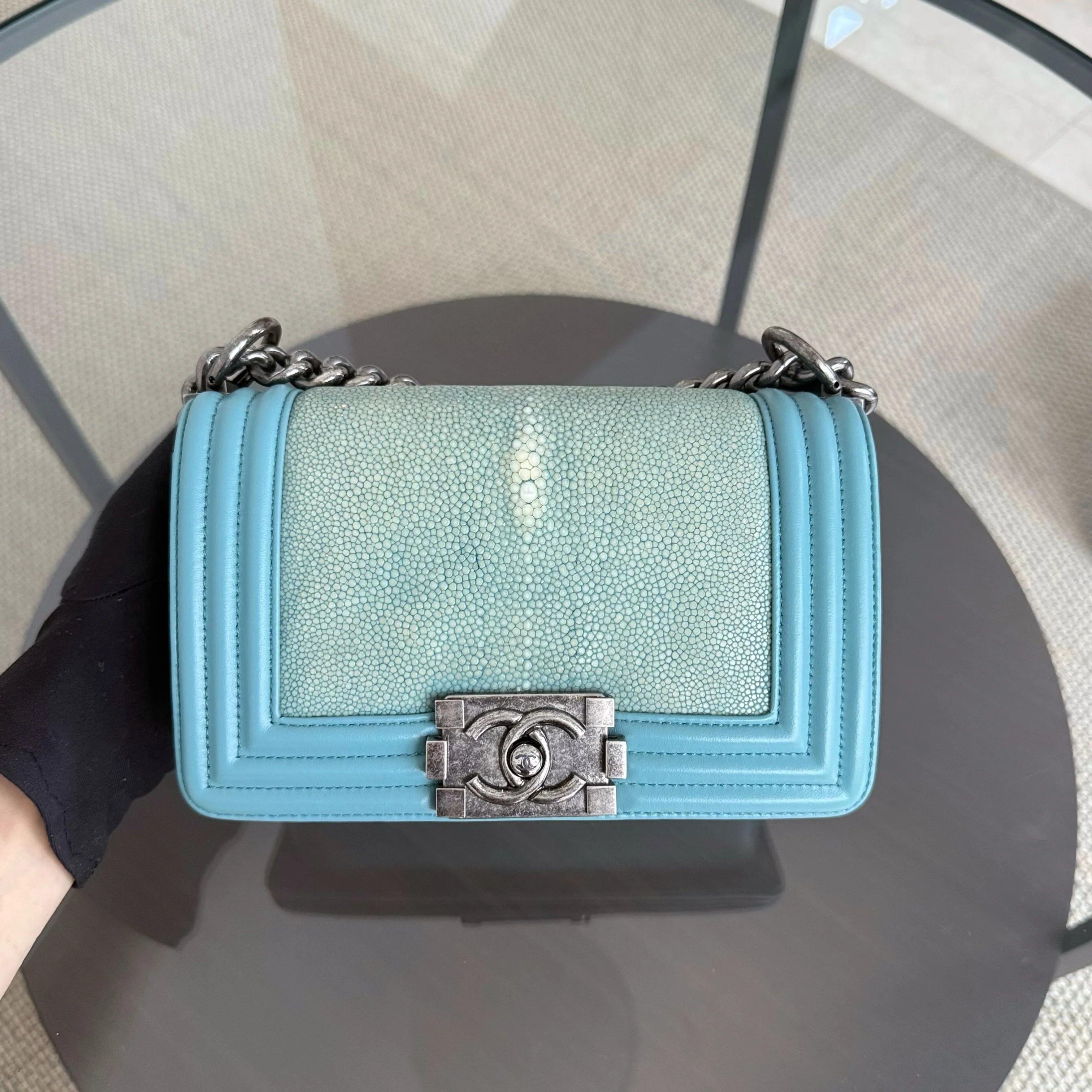 Chanel Boy Small - 20CM Stingray Tiffany Blue Silver Hardware Series 22