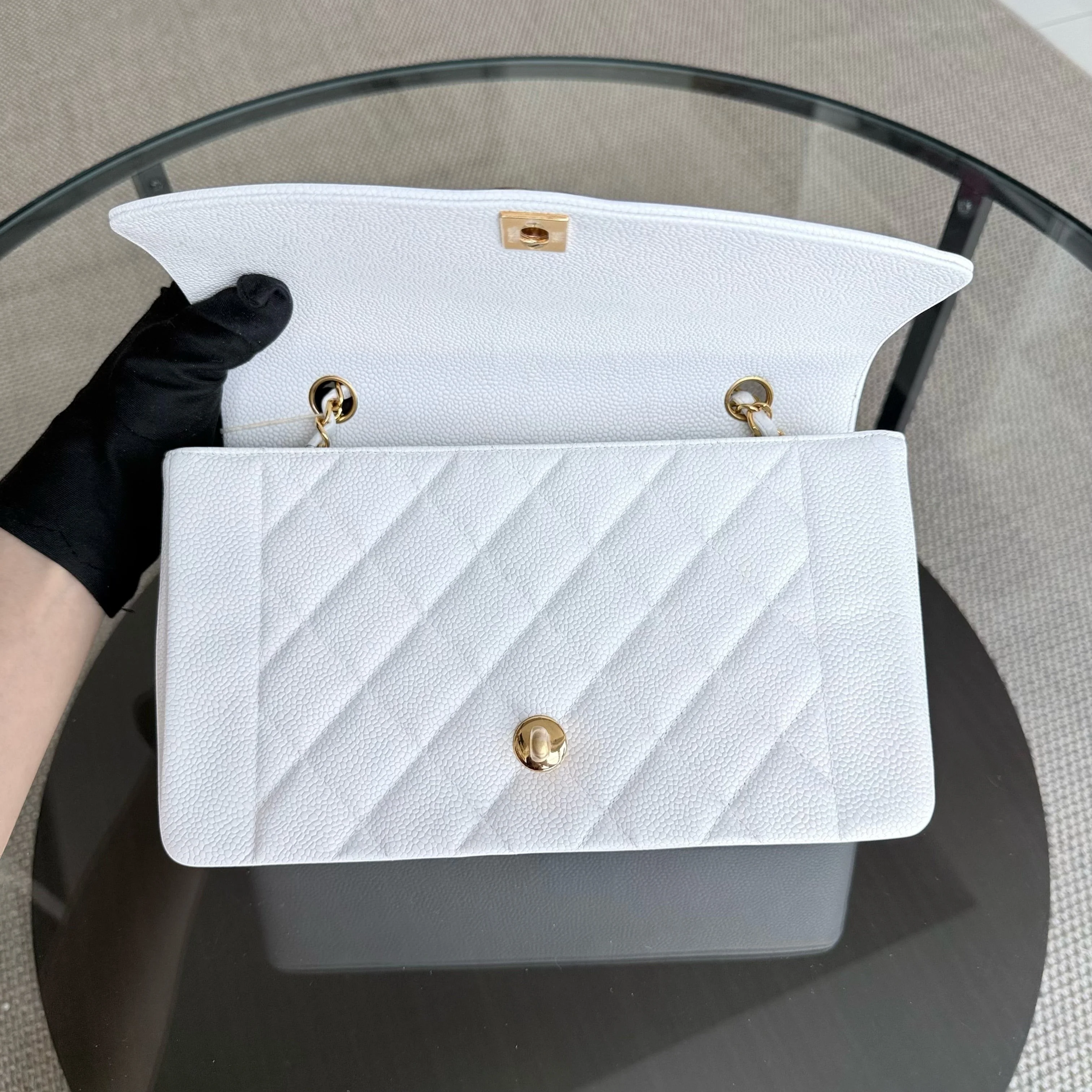 Chanel Diana Medium Vintage - 25CM Quilted Caviar White Gold Hardware Series 2