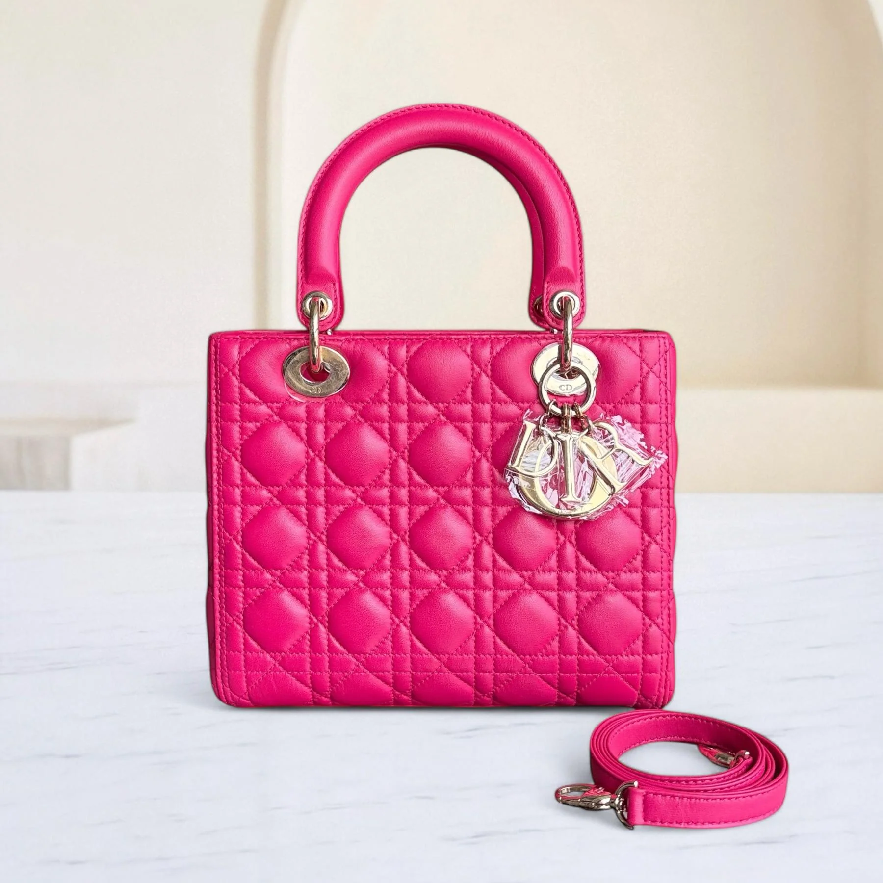 Dior Lady Medium - Cannage Lambskin Hot Pink Gold Hardware