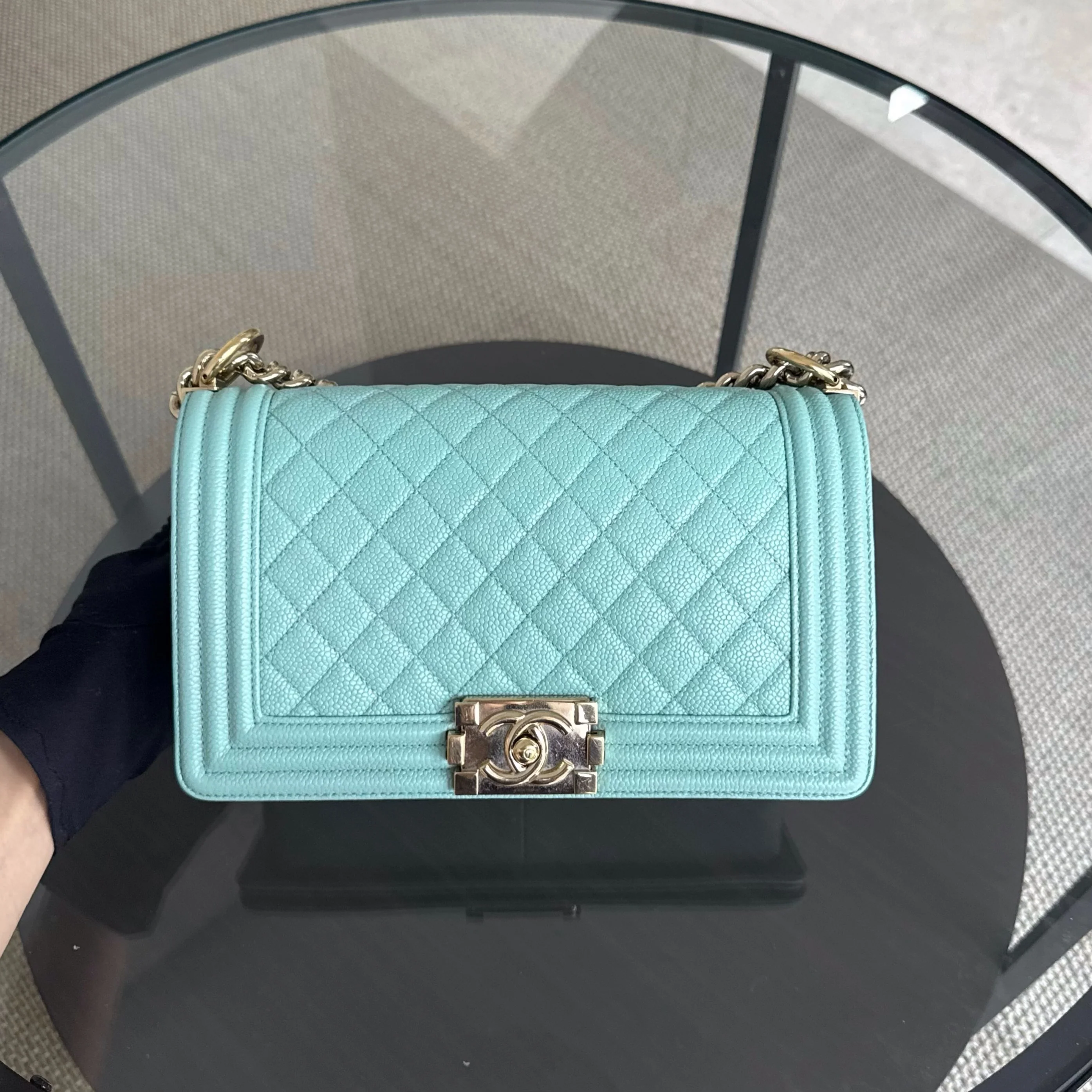 Chanel Boy Medium - 25CM Quilted Tiffany Blue Gold Hardware Series 29