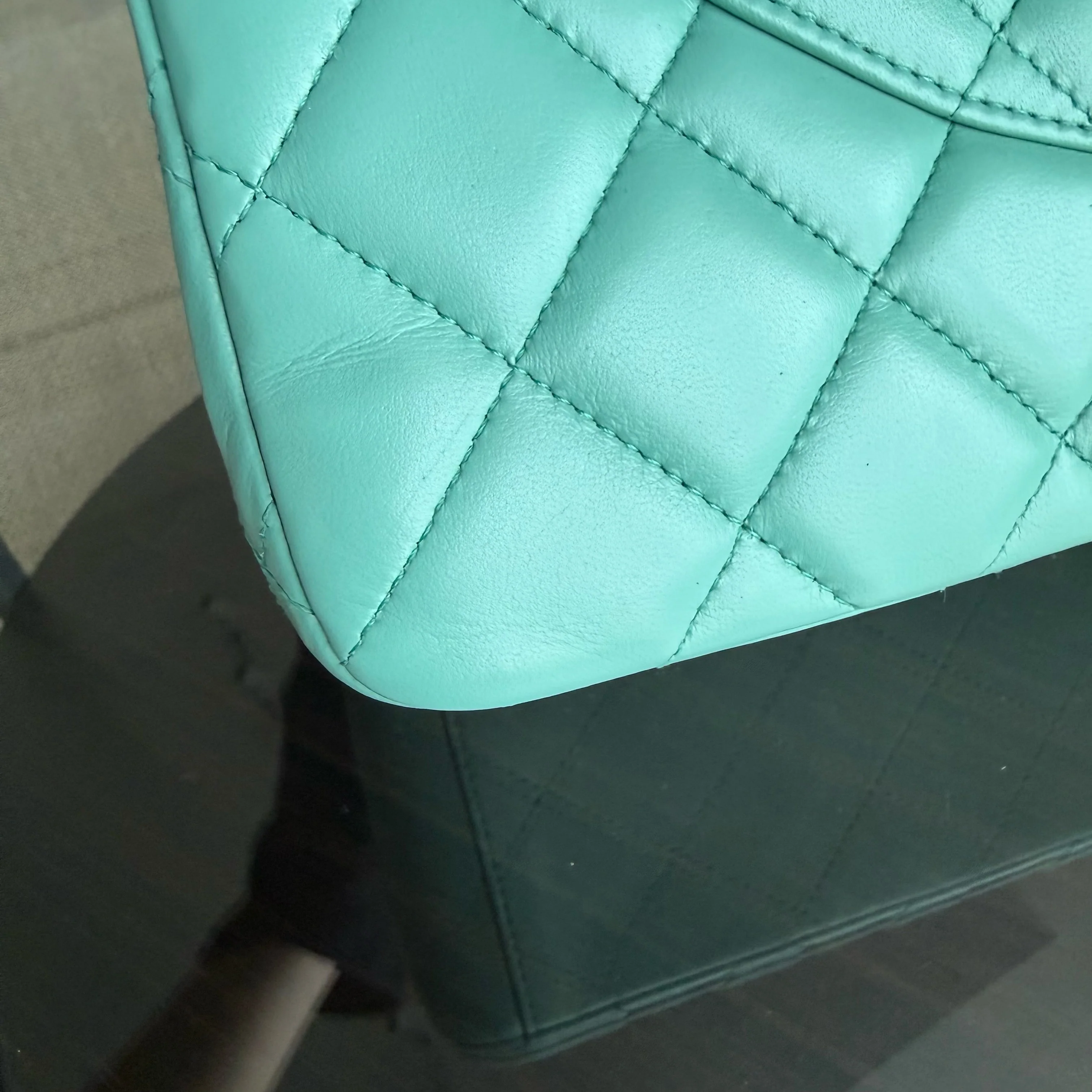 Chanel Classic Flap Maxi - 33CM Quilted Single Flap Lambskin Tiffiny Blue Silver Hardware Series 13