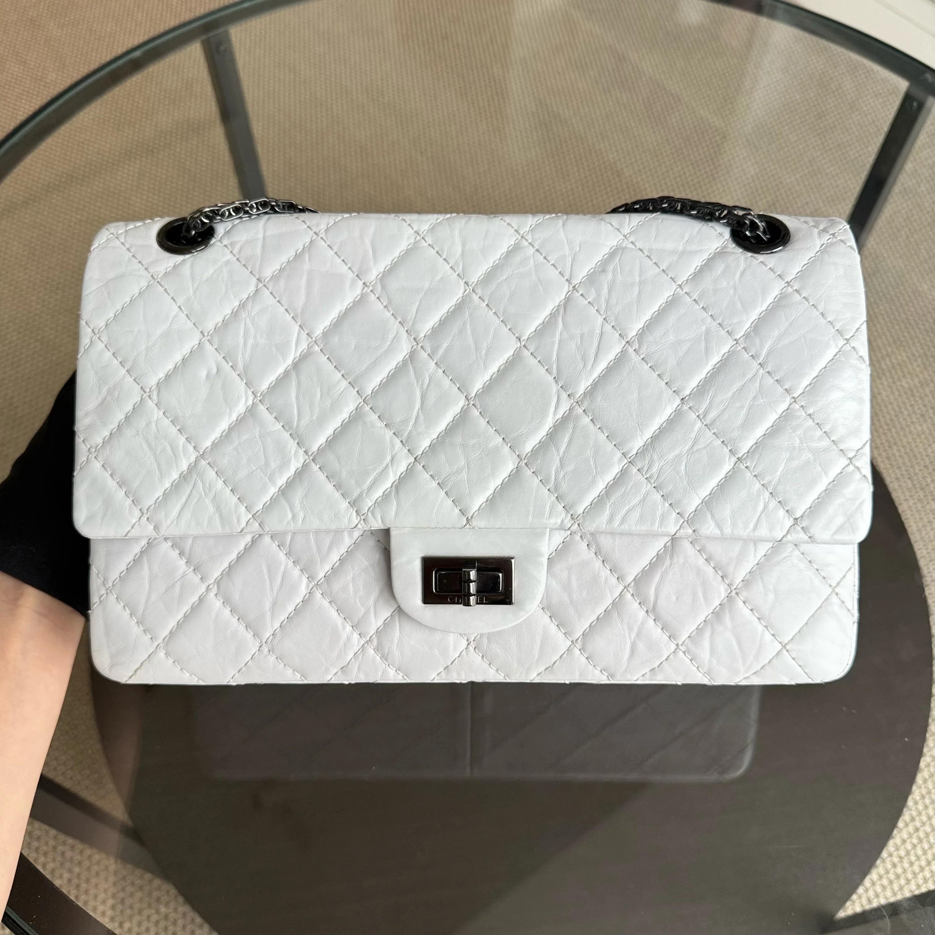 Chanel 2.55 Reissue 226 - Quilted Aged Calfskin White Ruthenium Black Hardware Series 12