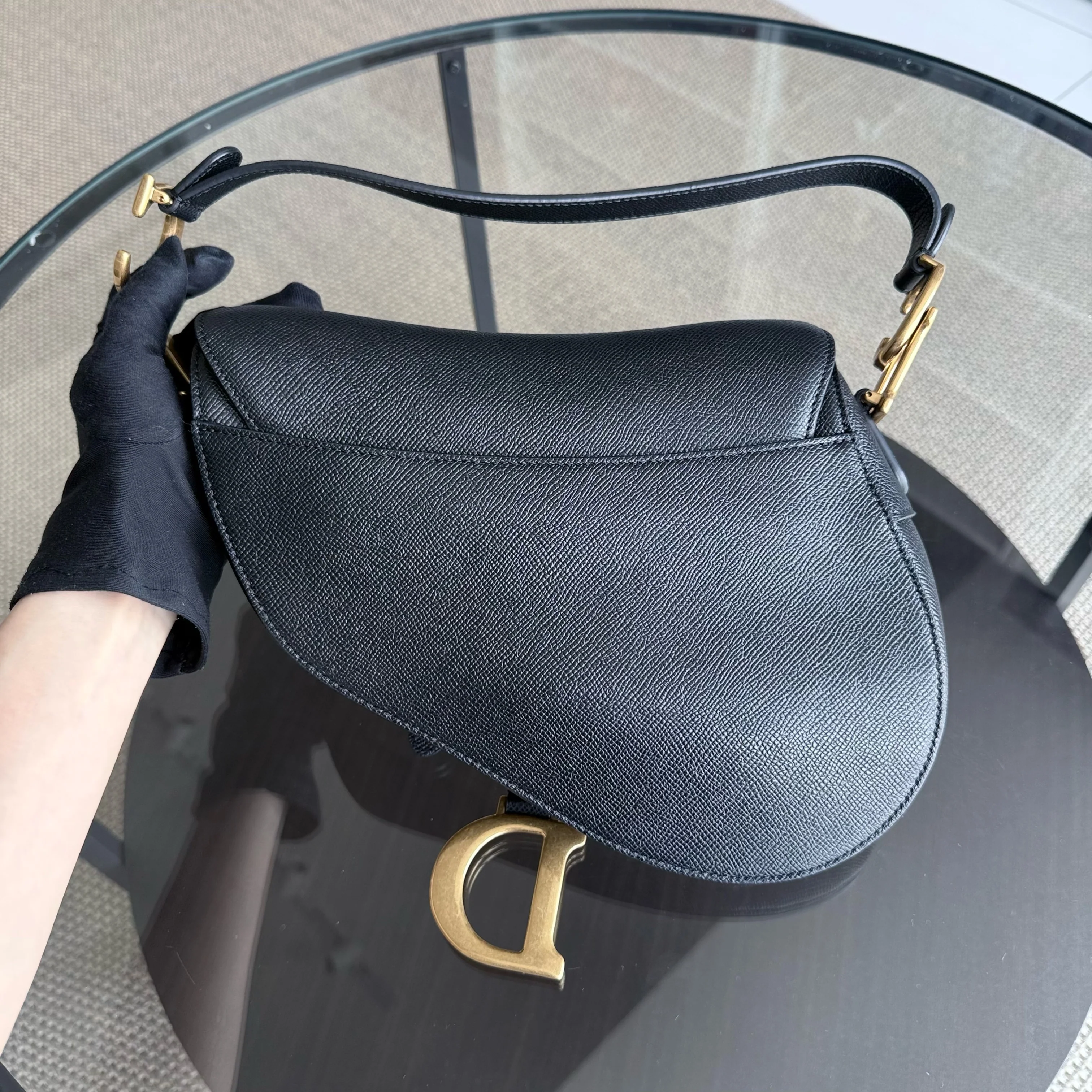 Dior Saddle Medium With Strap - Grained Calfskin Black Gold Hardware