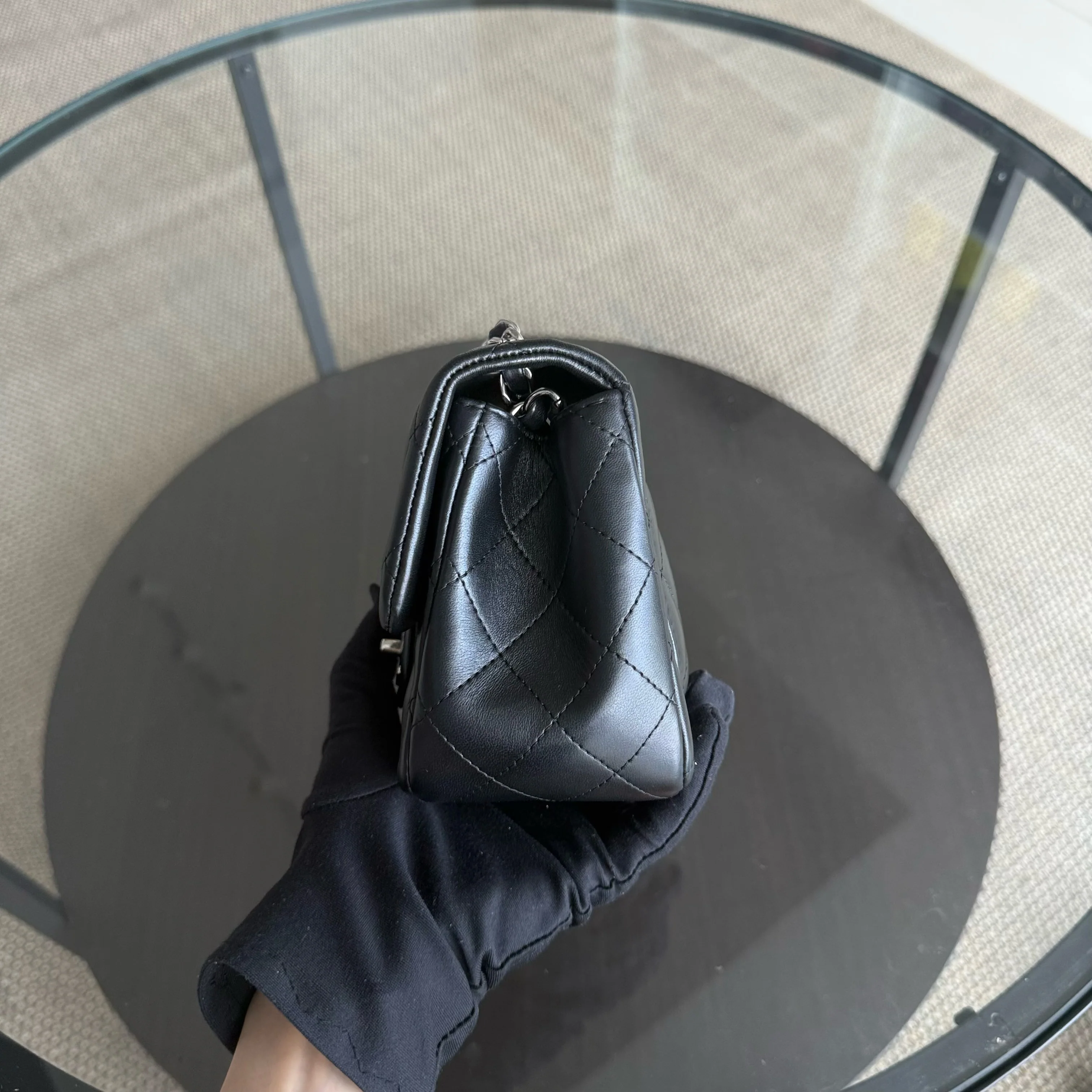 Chanel Classic Flap Mini Square - 17CM Quilted Lambskin Black Silver Hardware Series 19