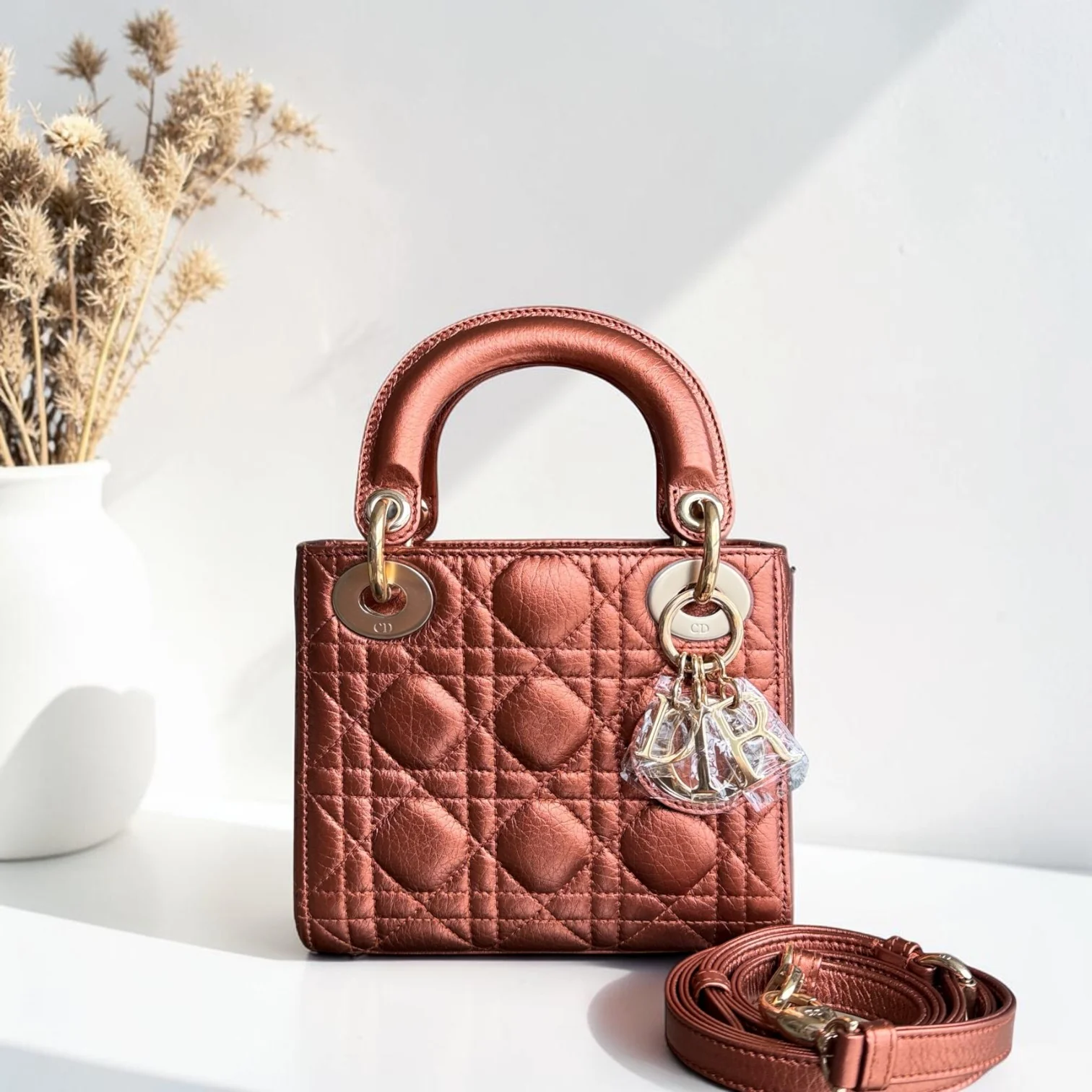 Dior Lady Mini - Cannage Calfskin Brown Gold Hardware Adjustable Strap