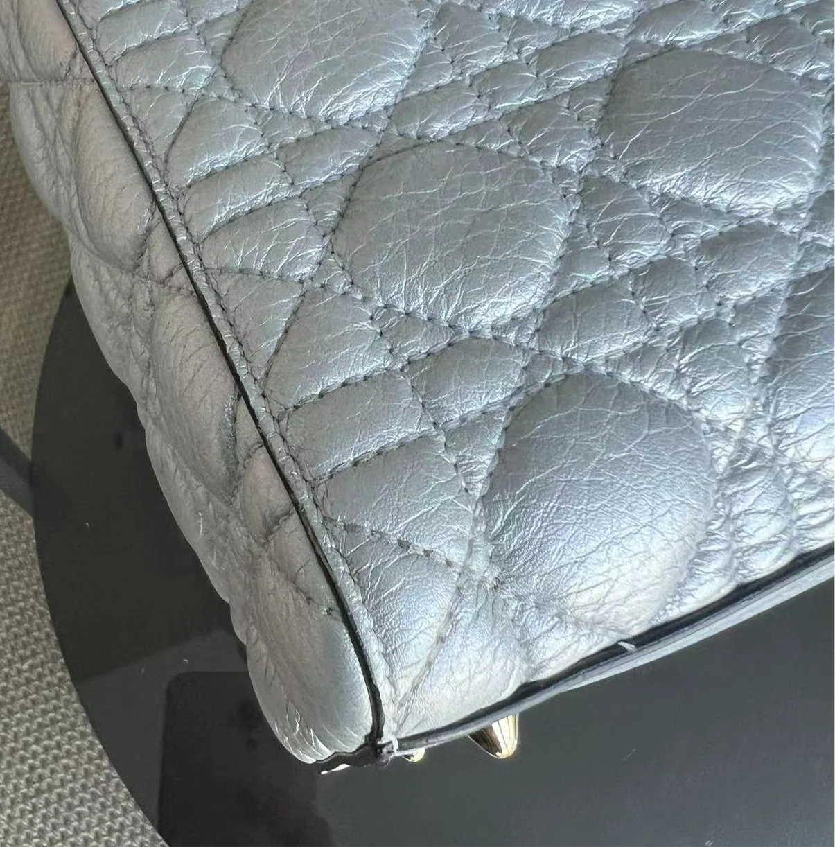 *Flap Open* Dior Lady Medium - Grained Calfskin Metallic Silver Golden Hardware