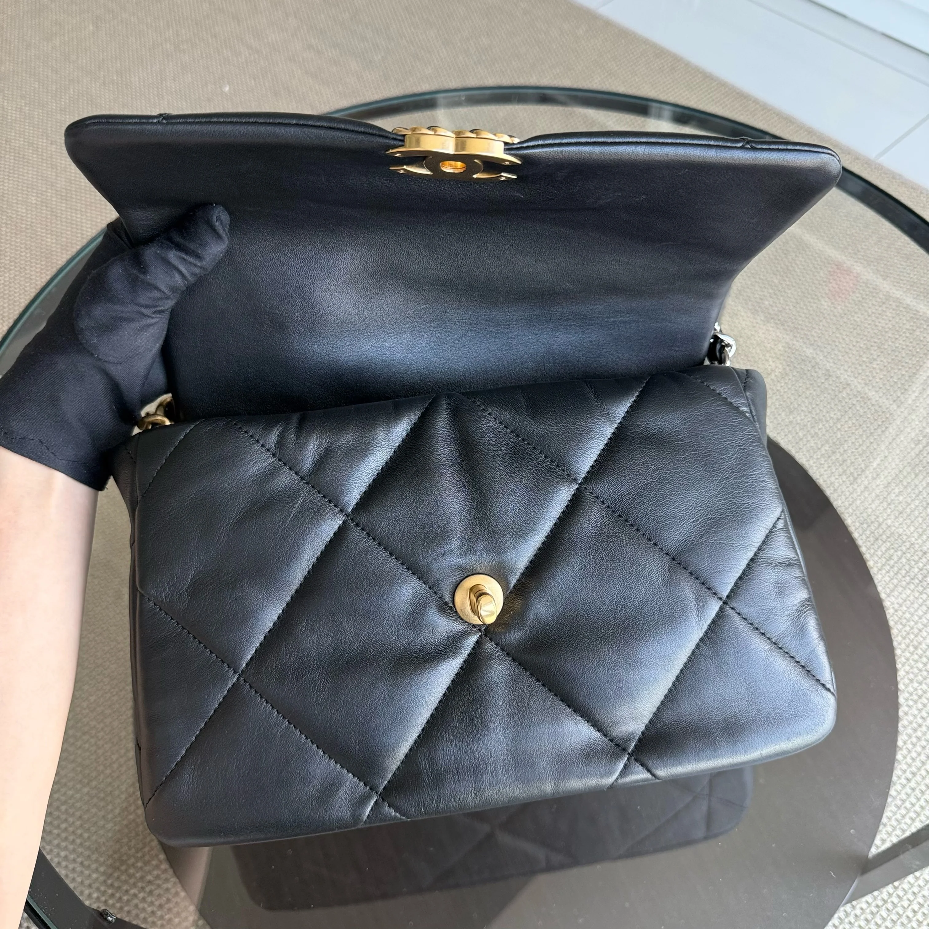 Chanel 19 Bag C19 Medium - Quilted Goatskin Black Two-Tone Gold Hardware Microchip