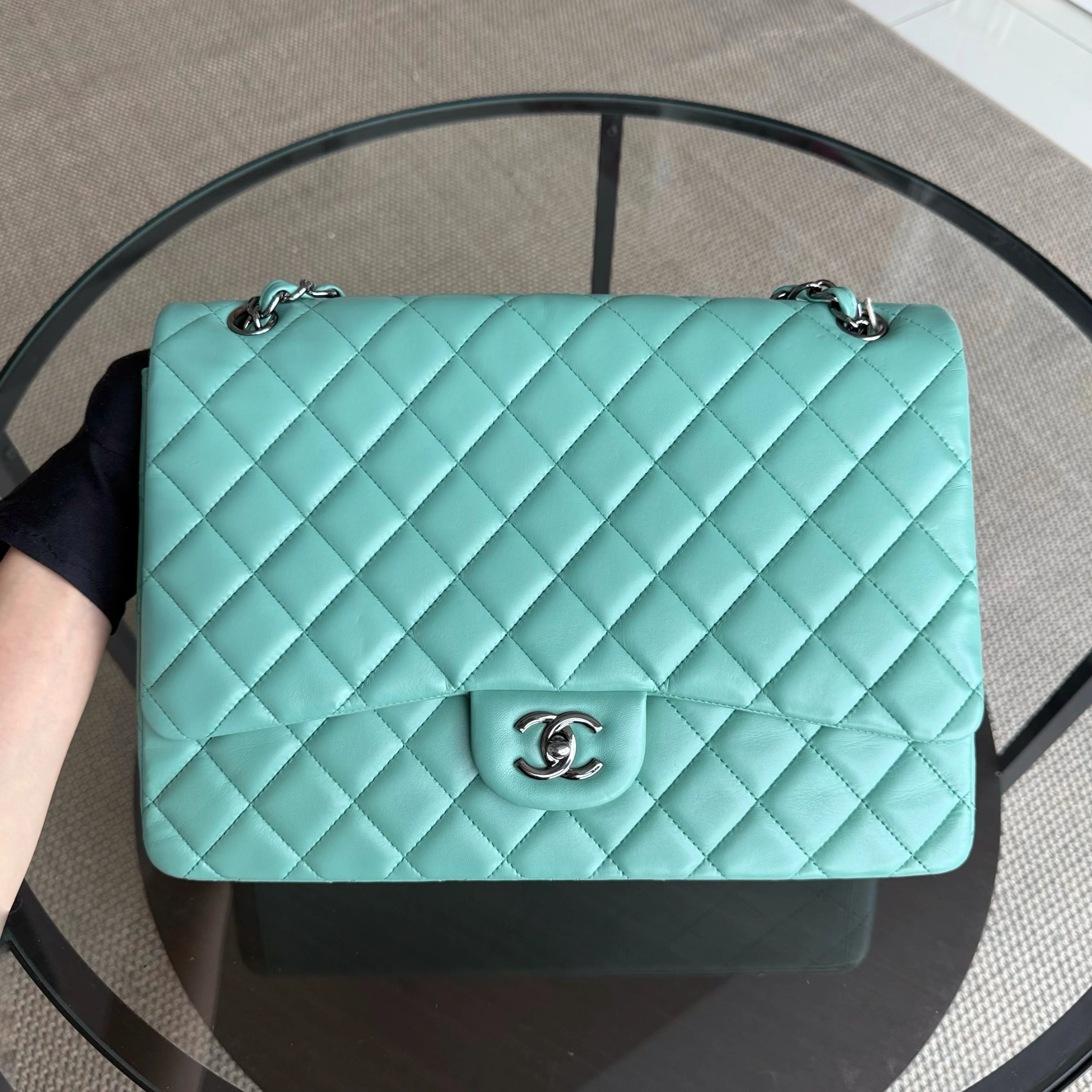 Chanel Classic Flap Maxi - 33CM Quilted Single Flap Lambskin Tiffiny Blue Silver Hardware Series 13