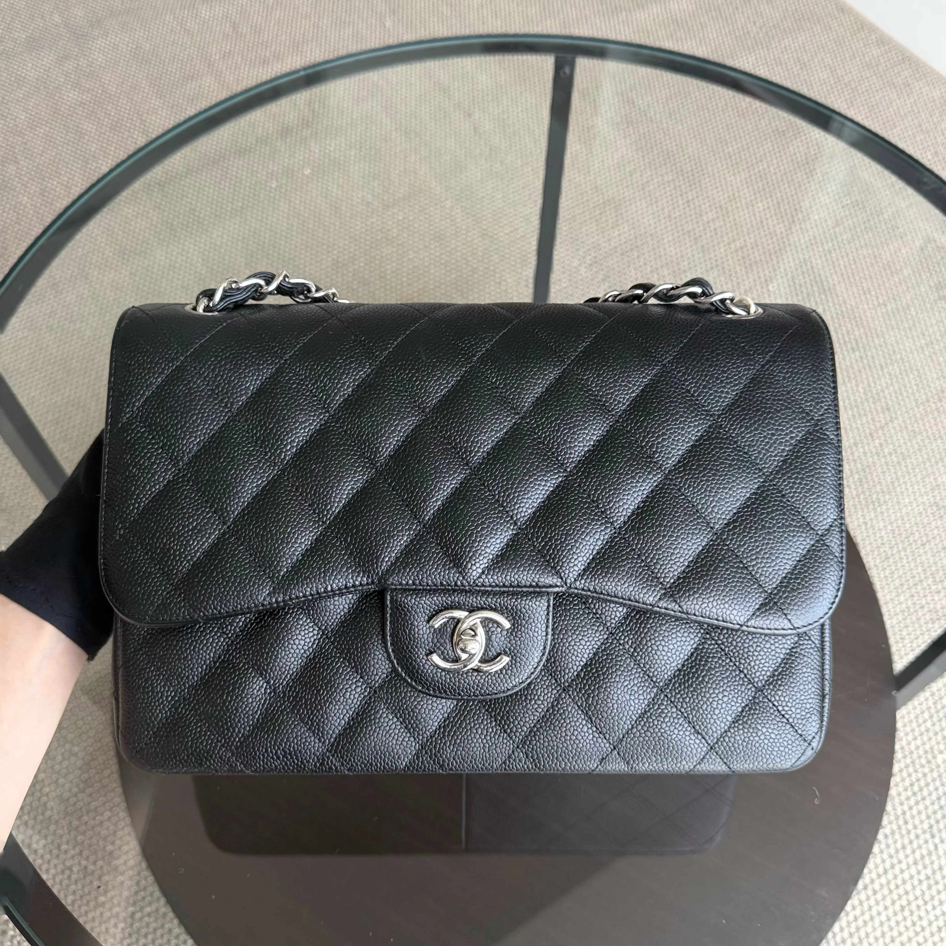 Chanel Classic Flap Jumbo - Caviar 30CM Double Flap Quilted Black Silver Hardware