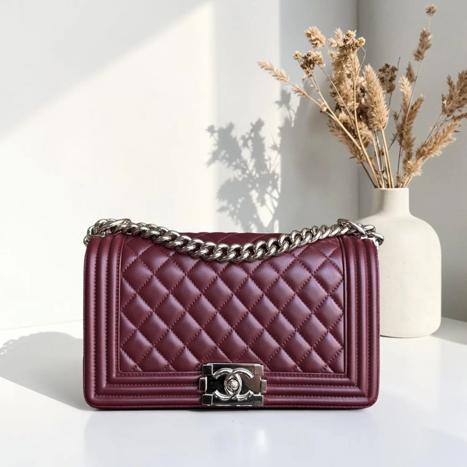 Chanel Boy Medium - 25CM Quilted Lambskin Burgundy Gold Hardware Series 22
