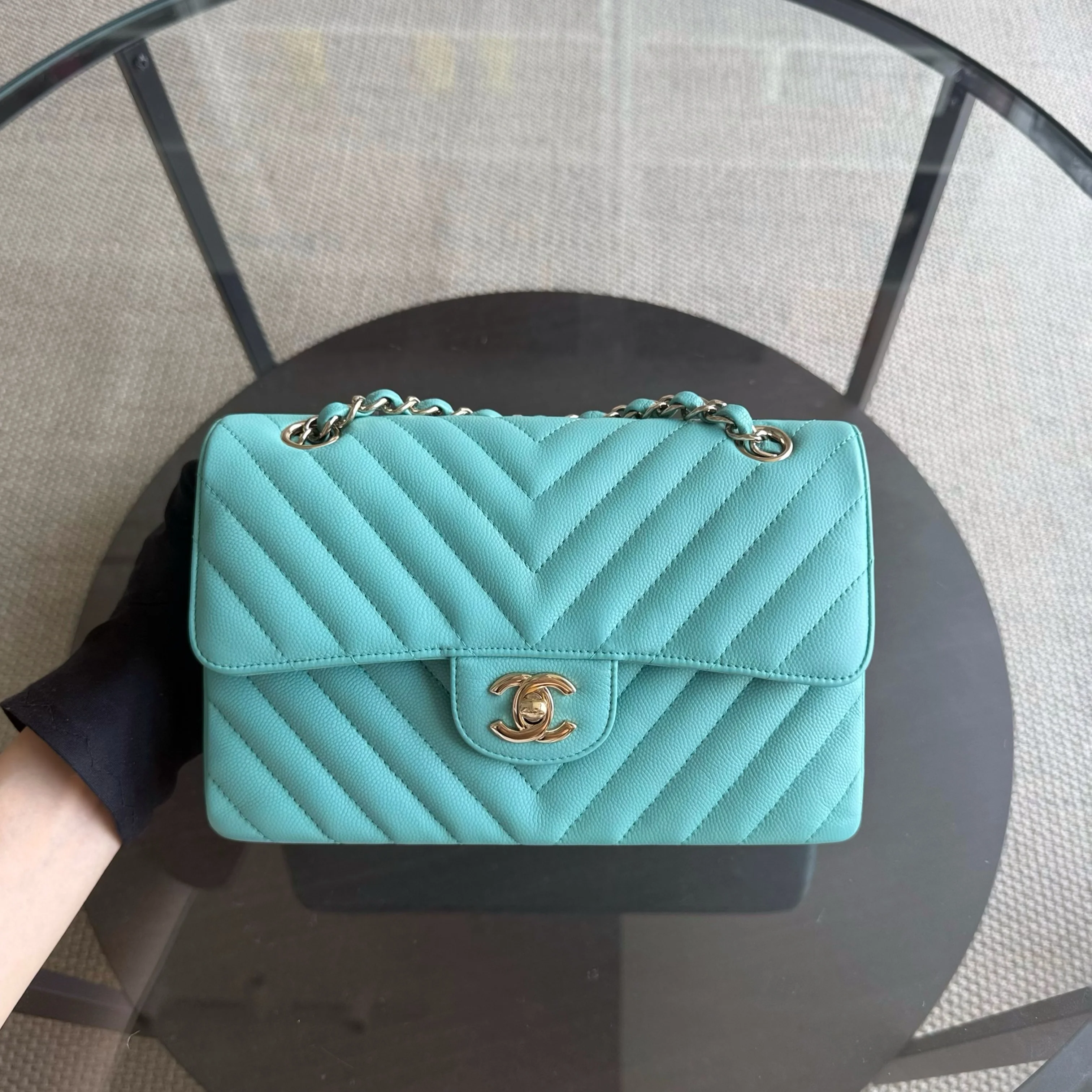 Chanel Classic Flap Small - Caviar 23CM Chevron Light Blue Tiffiny Blue Gold Hardware Series 27