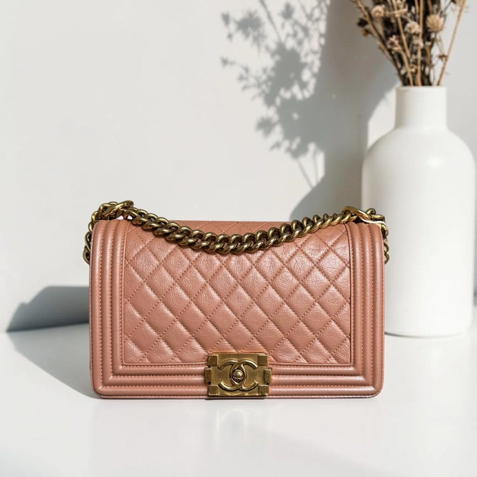Chanel Boy Medium - 25CM Quilted Calfskin Blush Gold Hardware Series 20