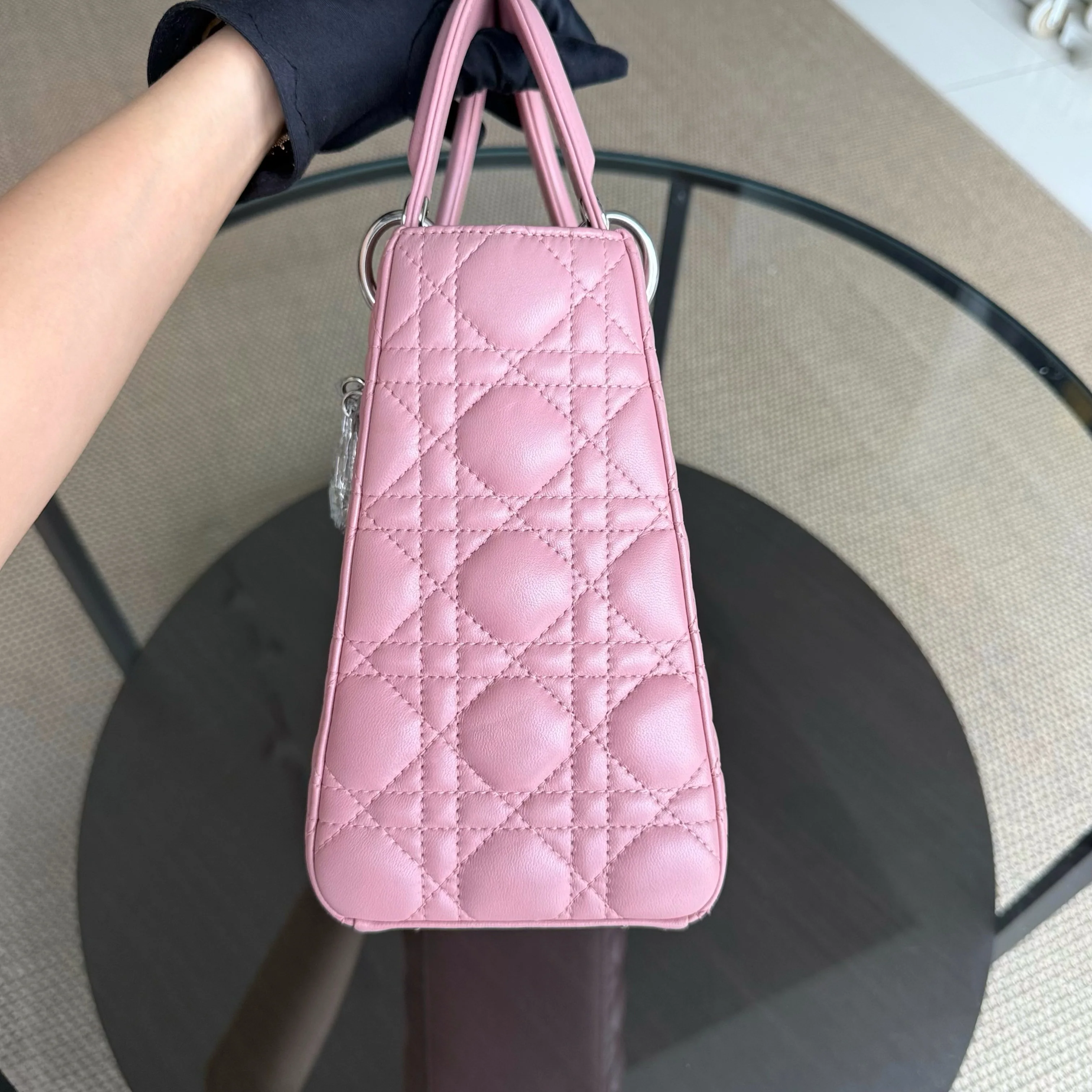 Dior Lady Medium Cannage Lambskin Pink Silver Hardware