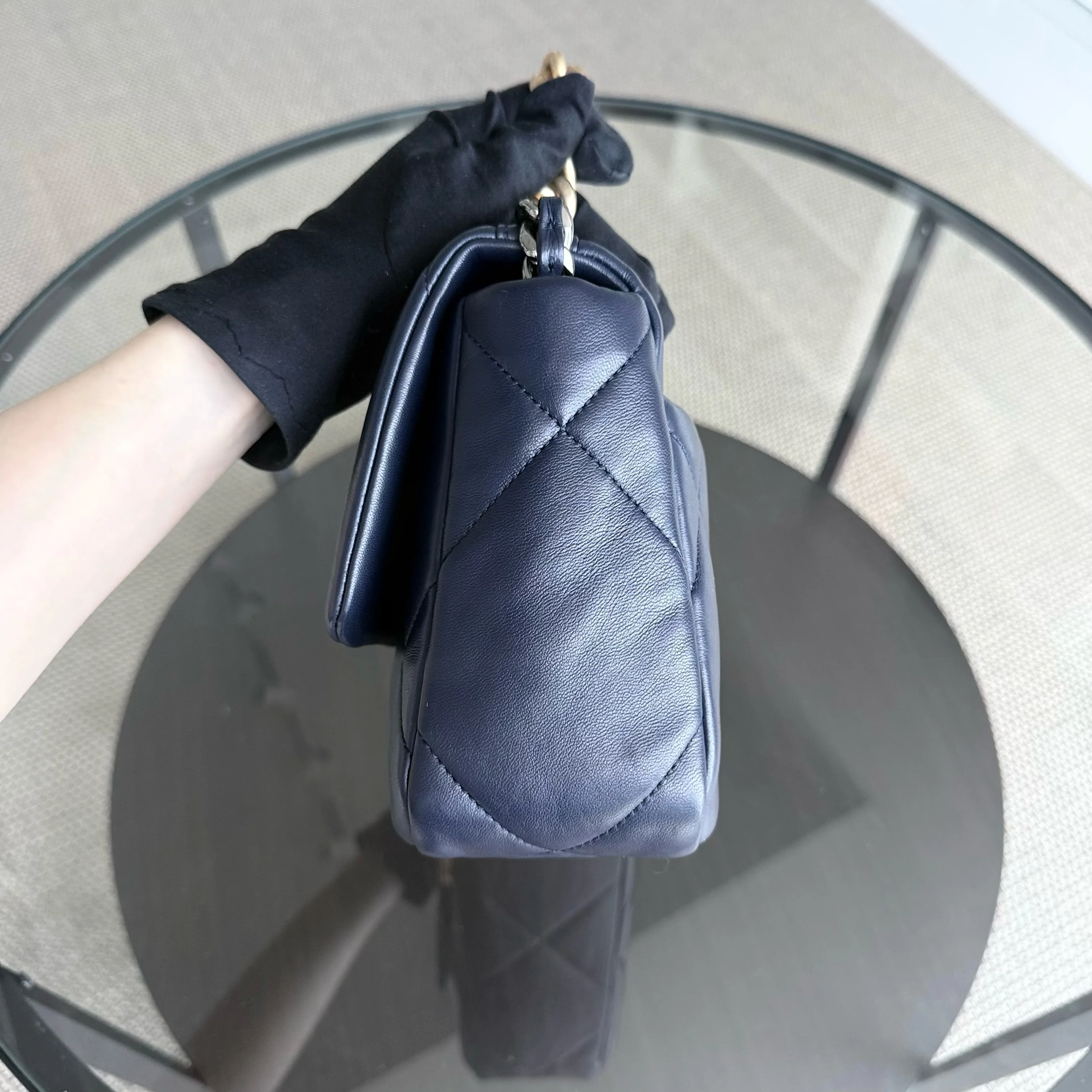 Chanel 19 Bag Small - C19 Quilted Goatskin Dark Navy Blue Two-tone Hardware Series 31