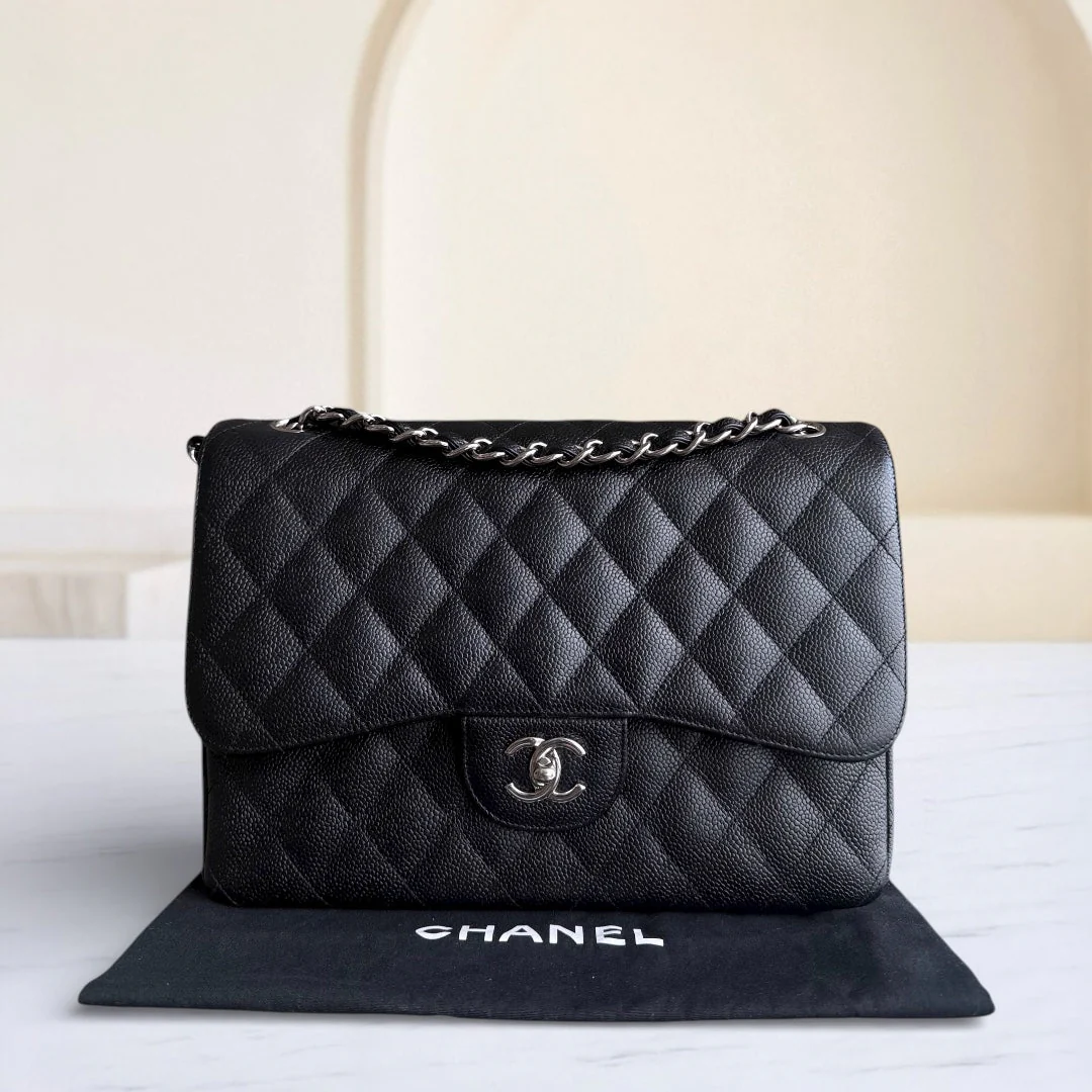 Chanel Classic Flap Jumbo - Caviar 30CM Double Flap Quilted Black Silver Hardware