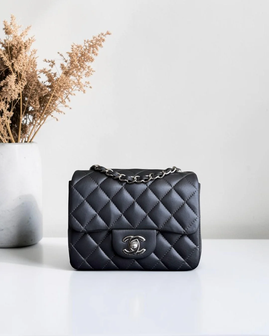 Chanel Classic Flap Mini Square - 17CM Quilted Lambskin Dark Gray Grey Gold Hardware Series 16
