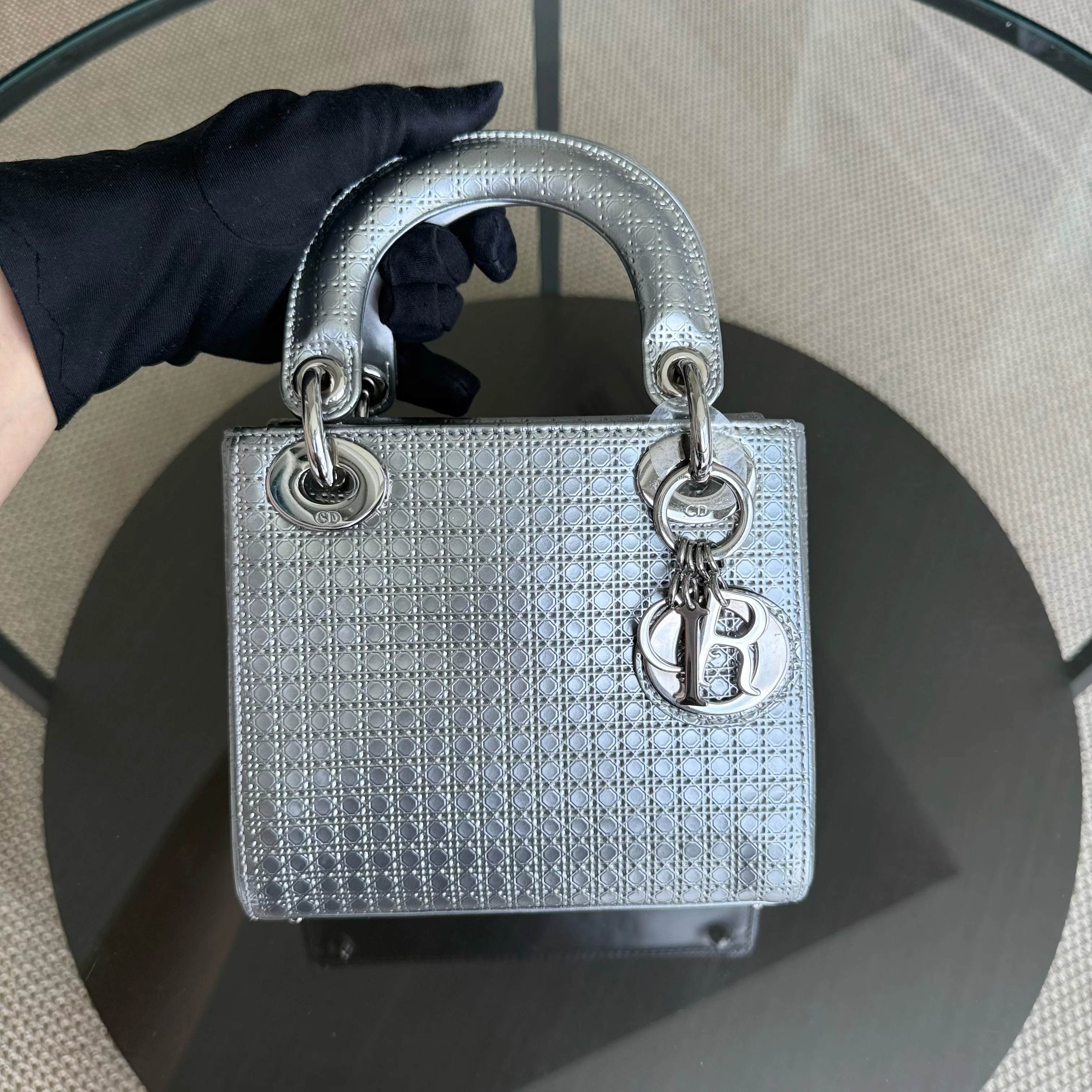 Dior Lady Mini - Micro Cannage Metallic Silver Hardware Adjustable Strap