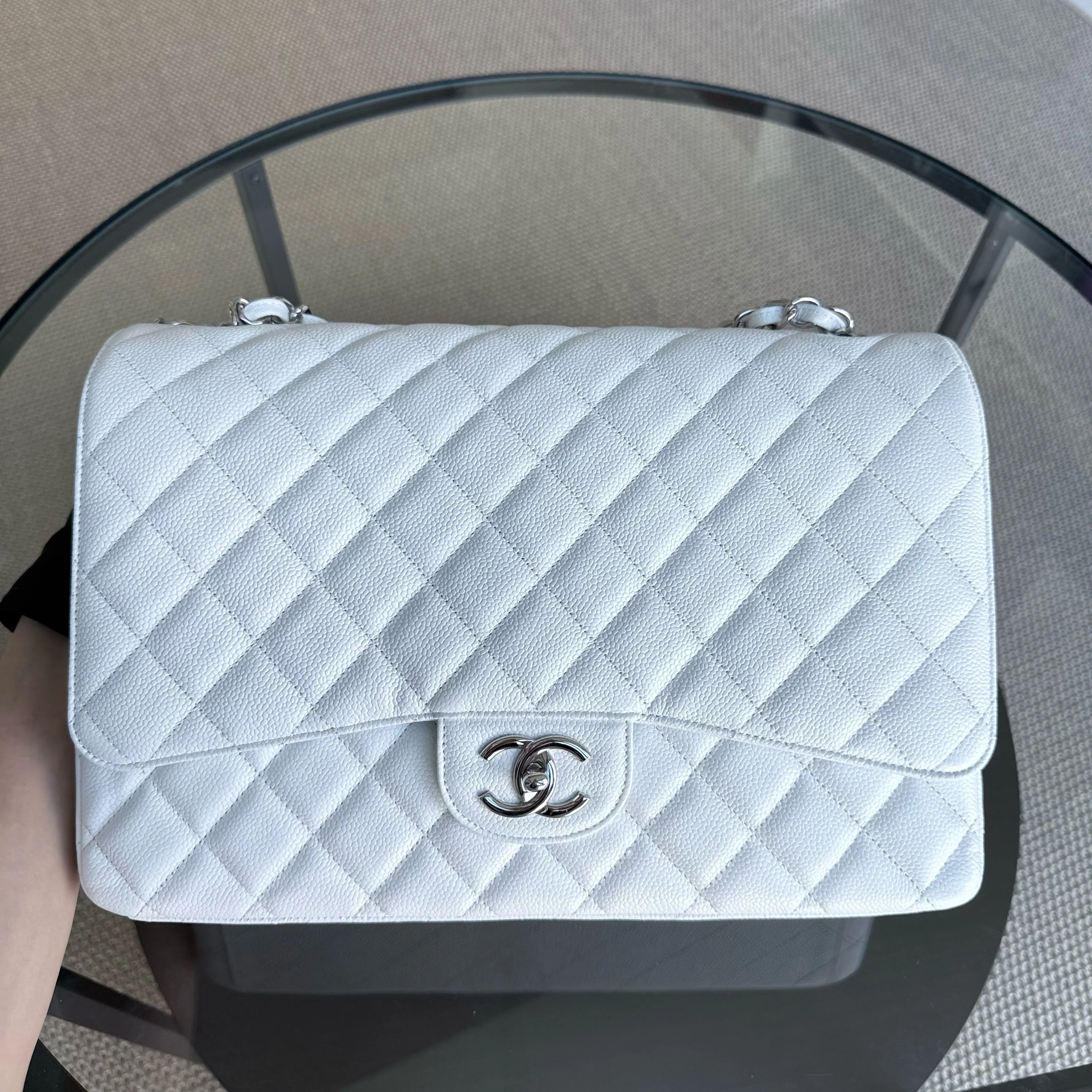 Chanel Classic Flap Maxi - Caviar Double Flap 33CM Quilted White Silver Hardware Series 14