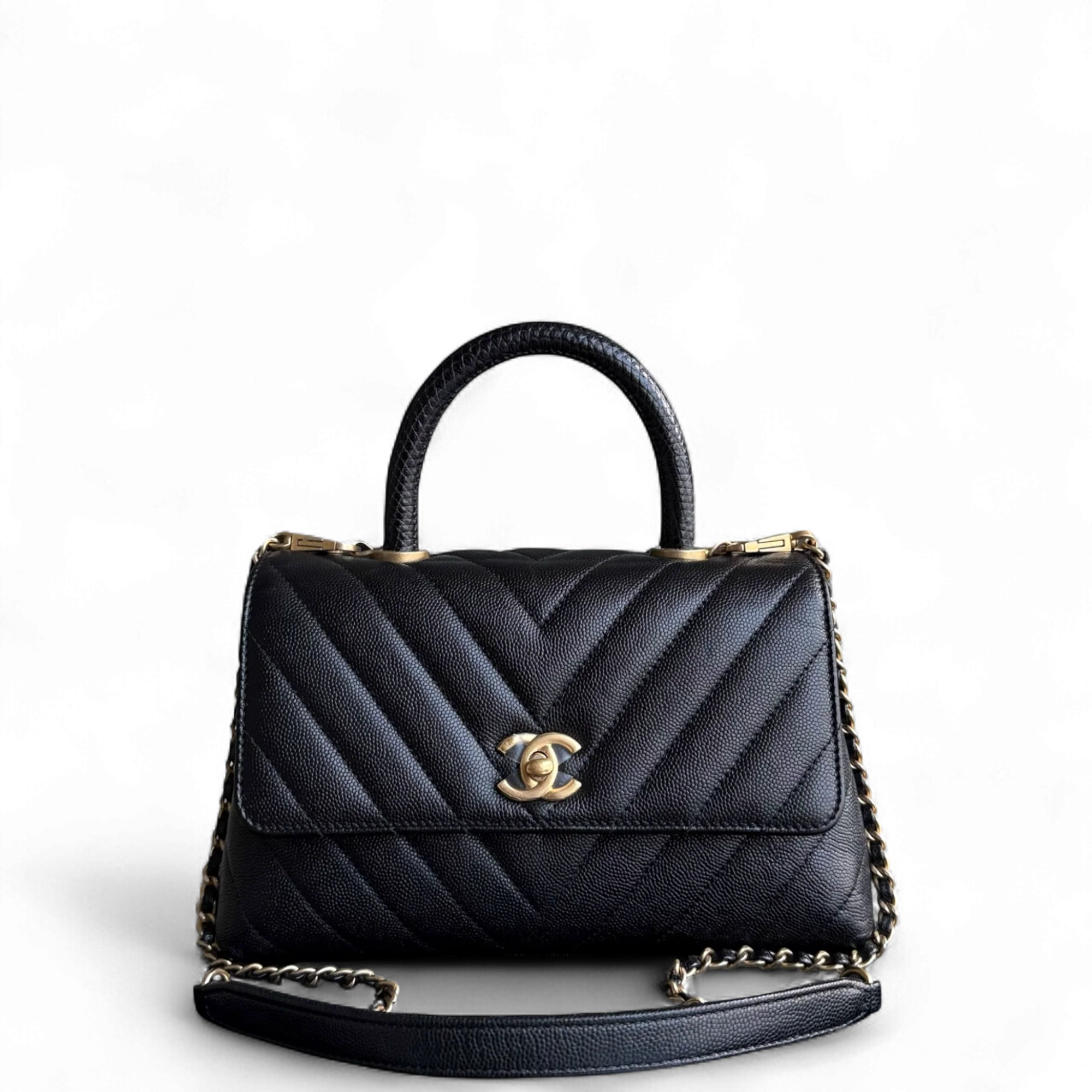 Chanel Coco Handle Small - Caviar Chevron Grained Calfskin Black Gold Hardware Series 26