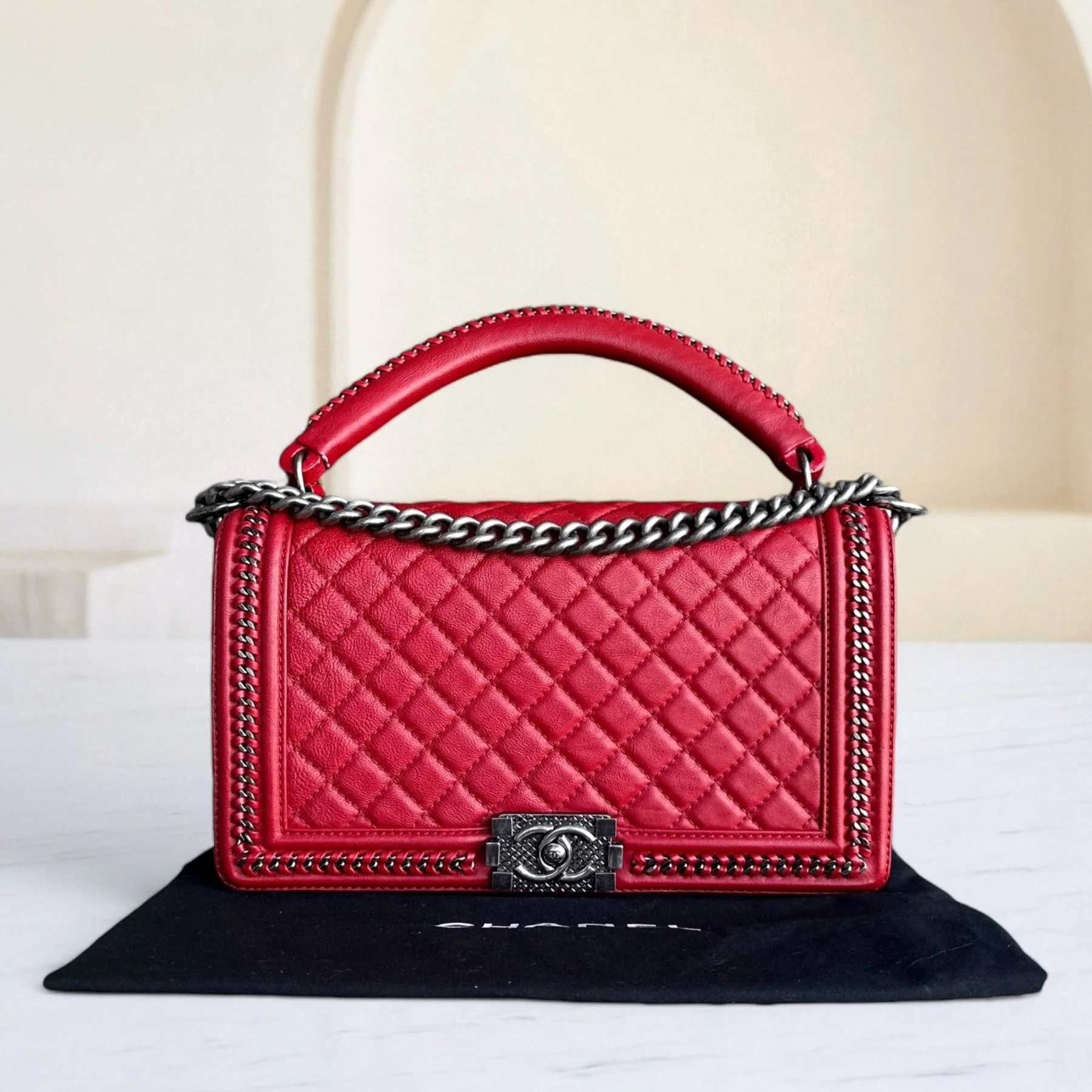 Chanel Calfskin Boy Handle New Medium 28CM Quilted Leboy Palladium Silver Hardware Series 23